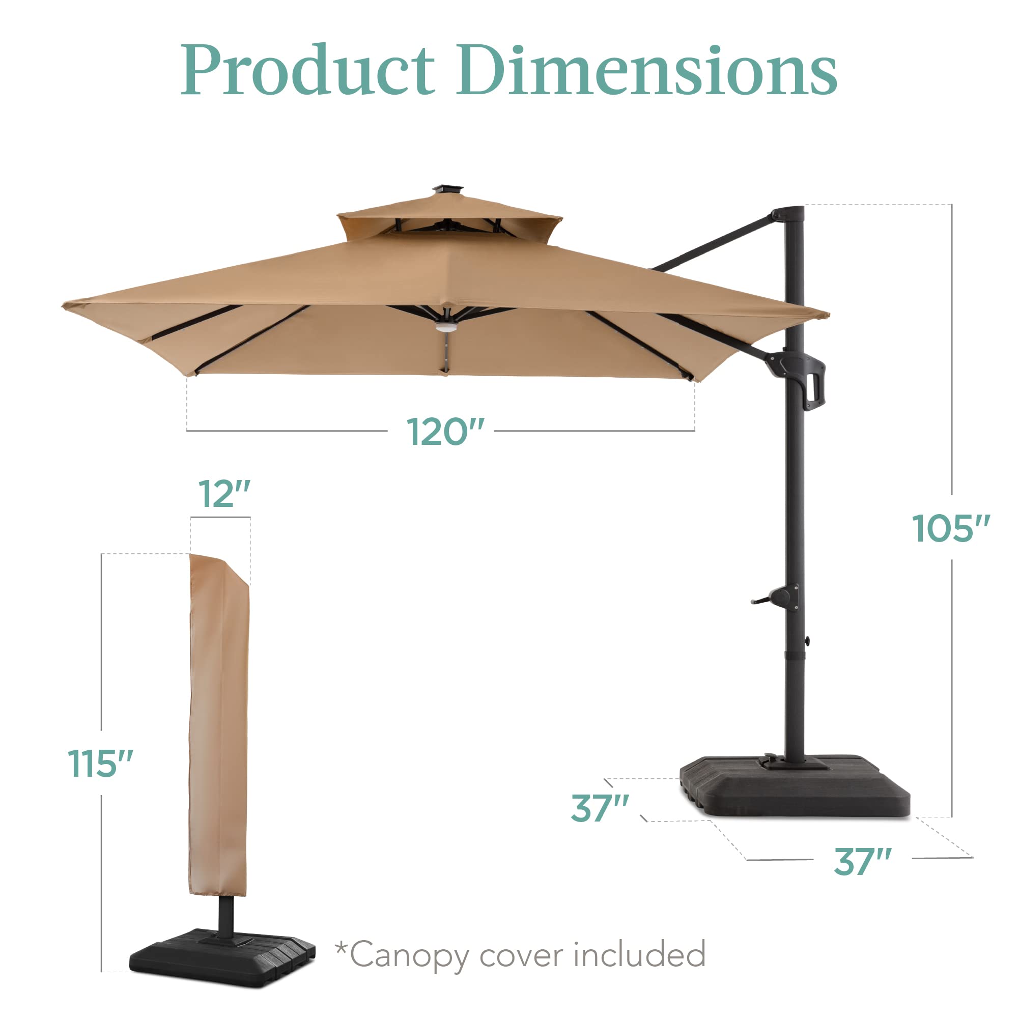 Best Choice Products 10x10ft Cantilever Patio Umbrella with Base - Solar LED Lights, 360° Rotation, Large Offset Outdoor Shade for Deck, Pool, Backyard - Tan - Perfect for Sun Protection & Outdoor Relaxation