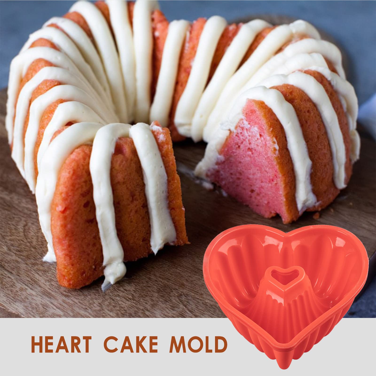 8 Inch Silicone Heart Cake Pan - 2 Pack Nonstick Love Heart Shaped Bundt Cake Mold for Valentine’s Day, Jelly, Pudding & Chocolate Baking - Perfect for Romantic Desserts, Birthday Cakes & Party Treats