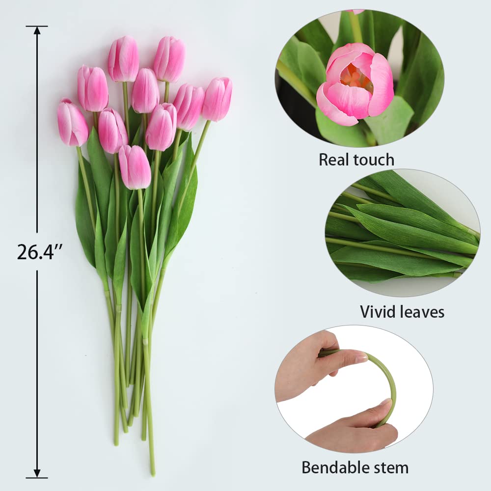 10Pcs Peach Artificial Tulips Silk Flowers - Long Stem Fake Flowers with Green Leaves for Vase Decor, Wedding Centerpieces, Party Table Decorations, Home Office Kitchen Bedroom Floral Arrangements - Perfect for Spring Decor, DIY Crafts, and Gift Giving