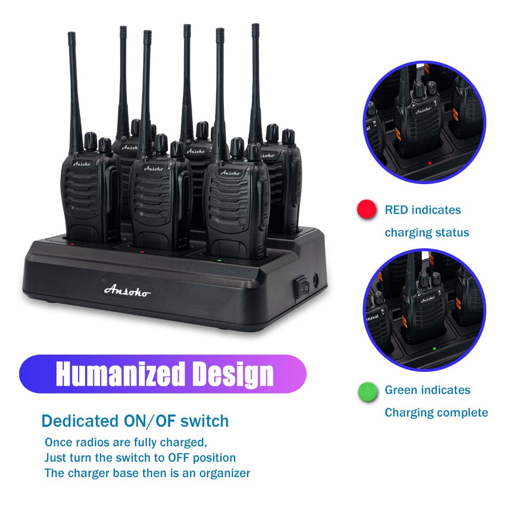 Long Range Walkie Talkies for Adults - Rechargeable 2-Way Radios with 6-Bank Gang Charger & Spare Batteries (6 Pack) - Ideal for Outdoor Adventures, Construction Sites, and Emergency Communication