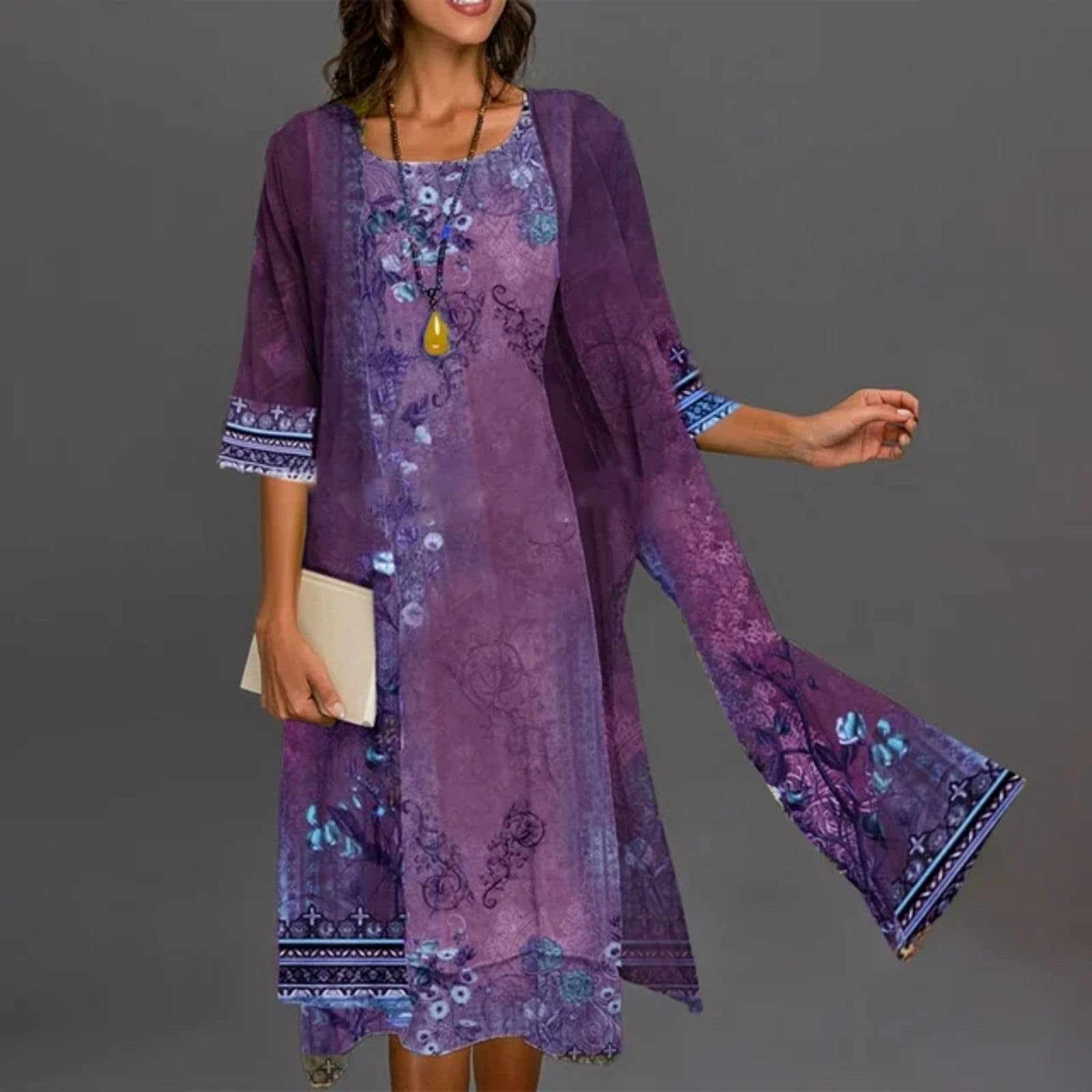 Boho Floral Wedding Guest Midi Dress with Jacket - 2 Piece Set for Women | Flowy Cocktail Dress for Summer Weddings, Parties & Special Occasions