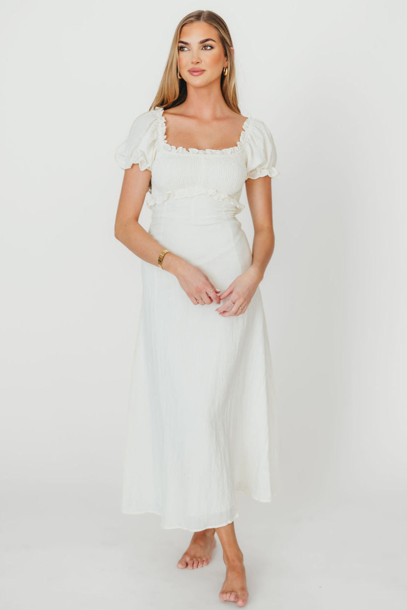 Stylish Penny Puff Sleeve Ruffle Midi Dress in Cream | Flowy Summer Dress for Women | Perfect for Weddings, Parties & Date Nights