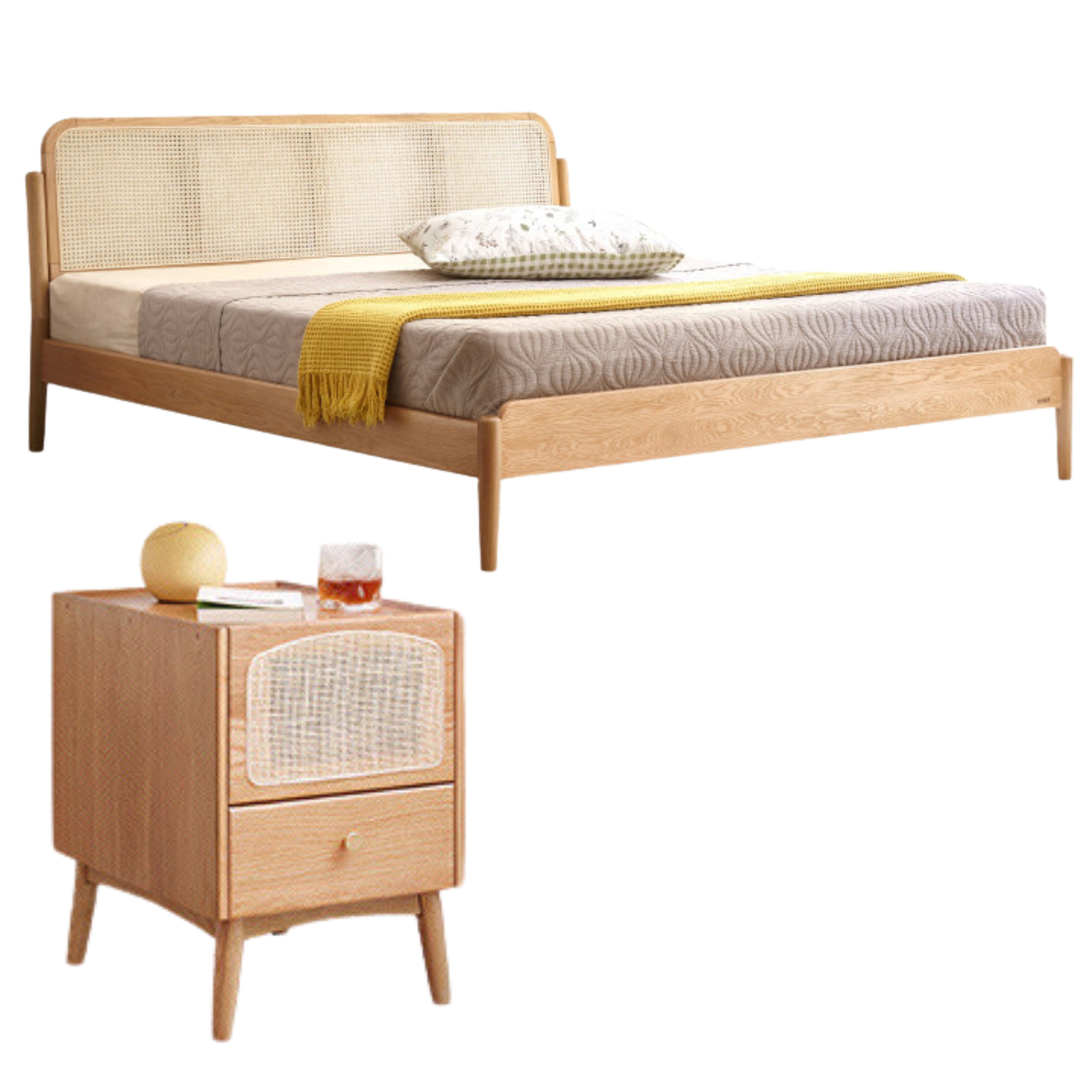 out of stock Natural Wood Color Rattan Bed + 2 Double drawer bedside table