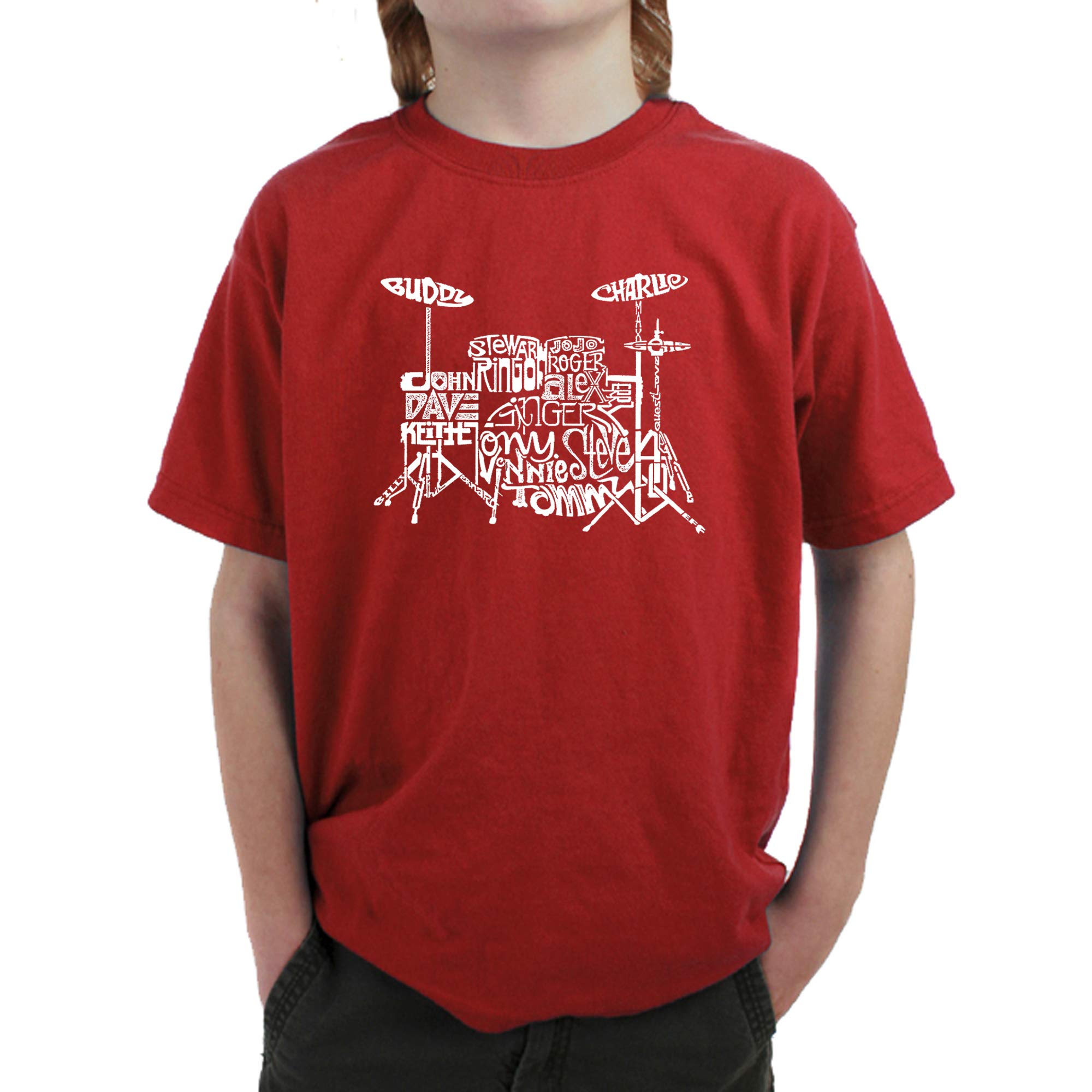 LA POP ART Boys' Word Art Graphic T-Shirt - Cool Drums Design for Musicians & Band Lovers - Perfect for Concerts, Music Festivals & Casual Wear