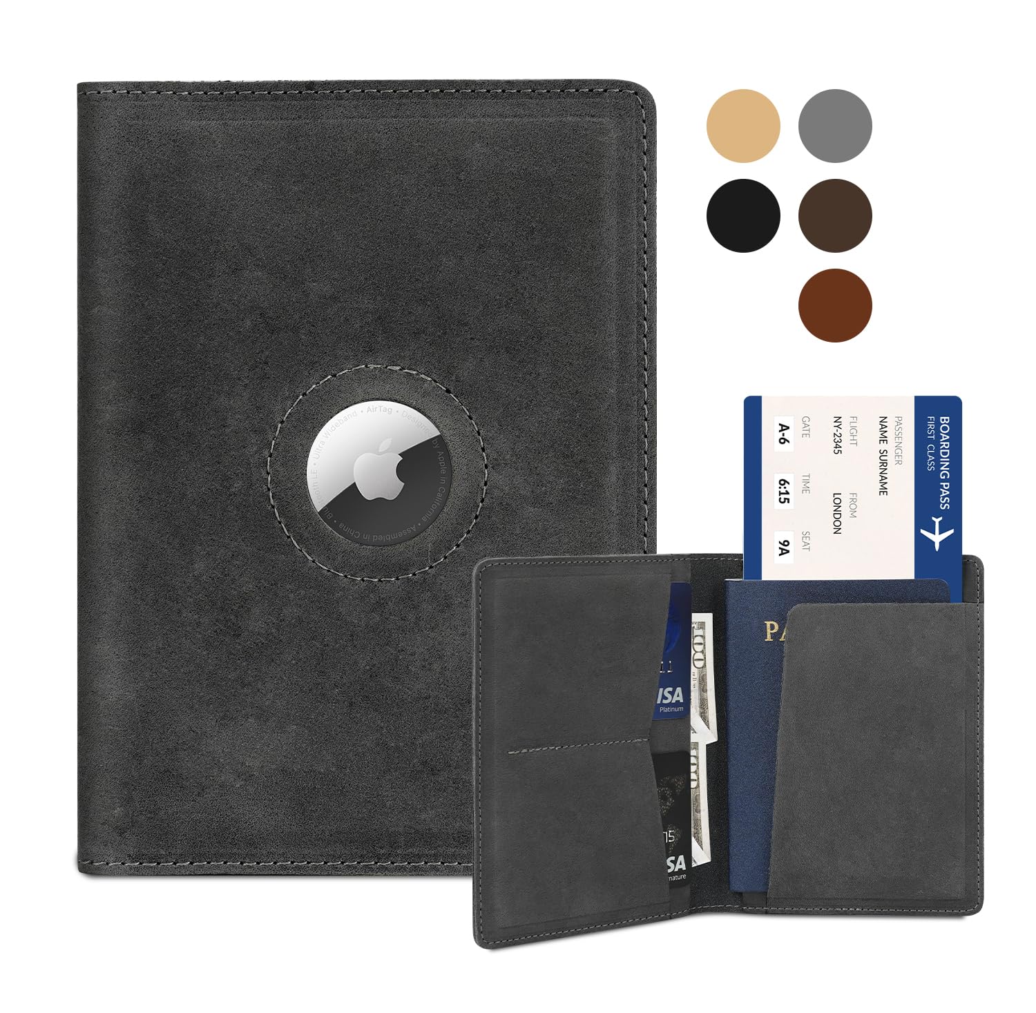 Premium Genuine Leather Passport Holder with AirTag Slot - RFID Blocking Travel Wallet for Men & Women - Handmade Crazy Horse Gray Passport Cover - Perfect Travel Essential & Birthday Gift for Frequent Flyers (Ideal for Business Trips, Vacations & International Travel)