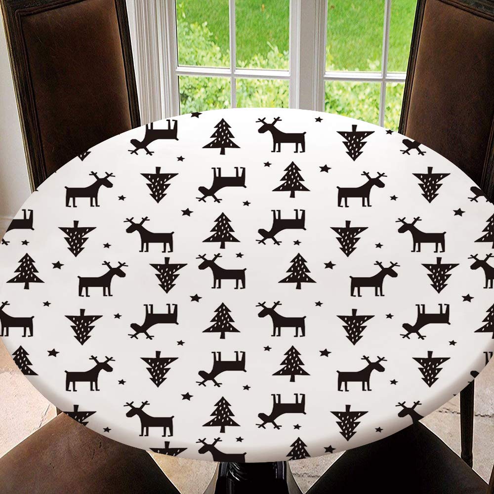 Stretchable Round Tablecloth with Elastic Edge - Polyester Deer & Pine Tree Design, Fits 43