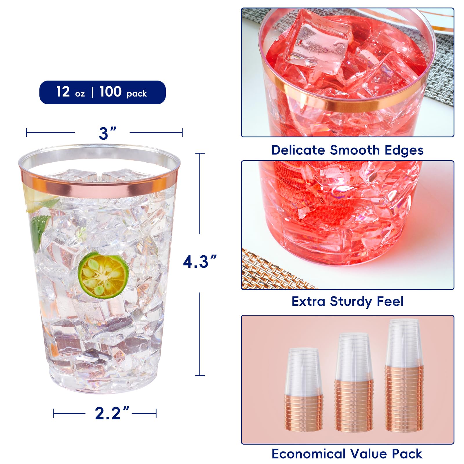 JOLLY CHEF 100 Pack 12 oz Rose Gold Rim Clear Plastic Cups - Elegant Disposable Tumblers for Wedding, Party, Birthday, Baby Shower & Bridal Shower - Perfect for Cocktails, Juice, Soda & Beverages