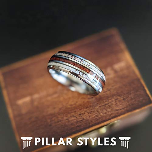 Handmade Hawaiian Koa Wood & Deer Antler Inlay Tungsten Wedding Band for Men - 8mm Polished Silver Comfort Fit Ring - Unique Rustic Hunting Jewelry Gift for Husband, Boyfriend, Groomsmen - Perfect for Outdoor Weddings, Anniversary Gifts & Nature Lovers
