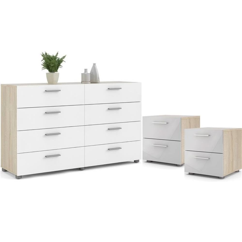 Pemberly Row 3-Piece Bedroom Set - 2 Oak & White Nightstands with 1 Double Dresser | Modern Bedroom Furniture for Master & Guest Rooms