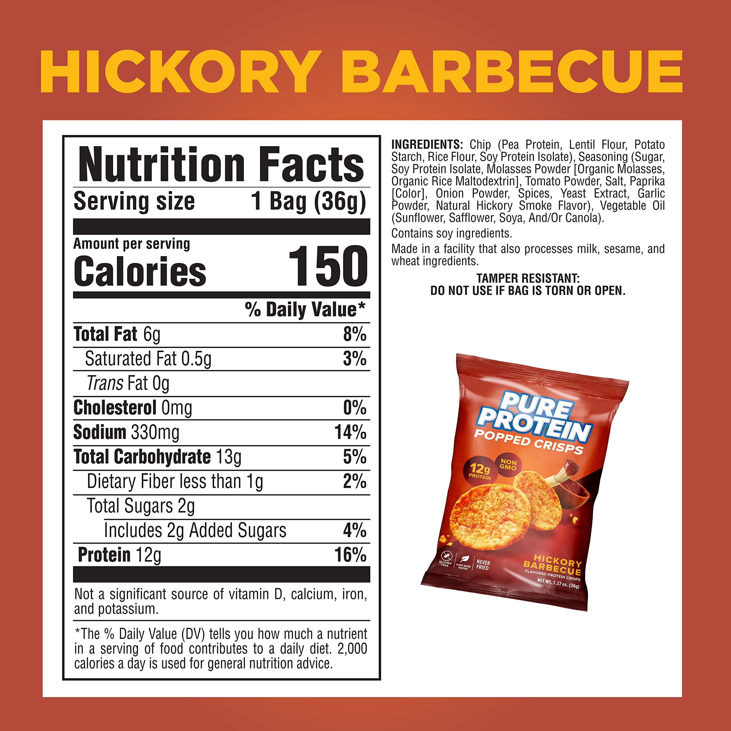 Pure Protein Popped Crisps Hickory Barbecue Flavor - High Protein Snack with 12g Protein per Bag, 1.27oz (12 Count) - Perfect for Gym, Hiking & Keto Diet