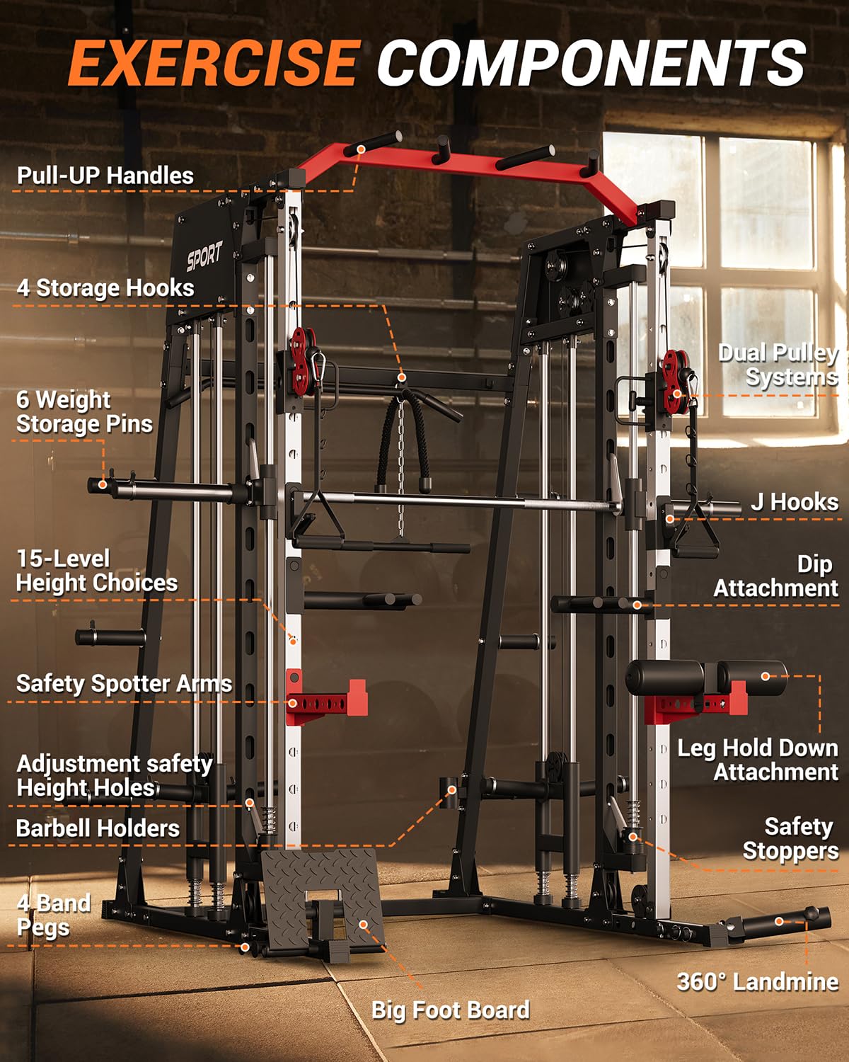 Smith Machine 2200LBS Power Cage Squat Rack with Smith Bar - Dual Cable Systems & Multiple Attachments for Home Gym Strength Training | Perfect for Weightlifting, Squats, Bench Press & Full-Body Workouts