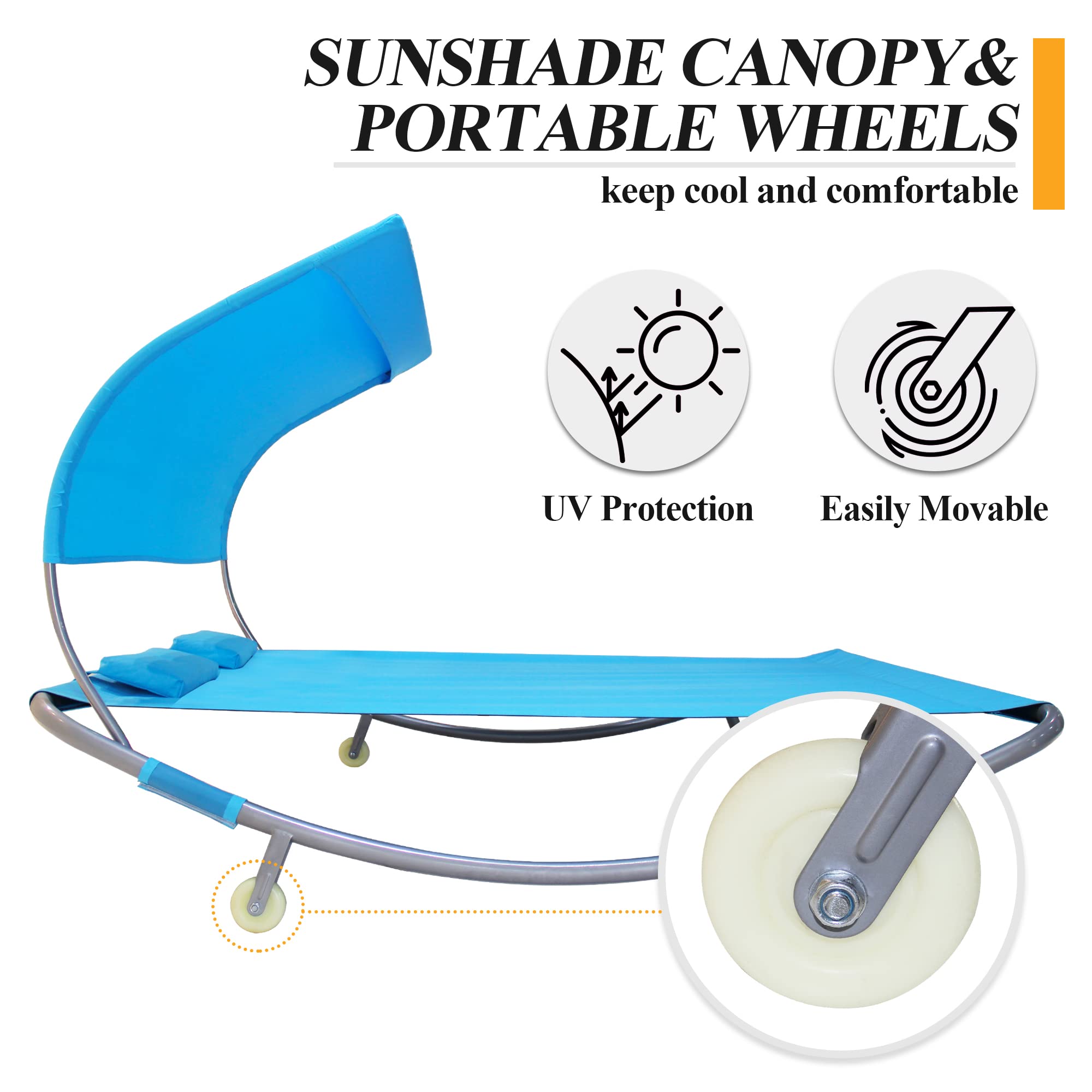 Outdoor Double Chaise Lounge Bed with Canopy & Headrest Pillow - Portable Patio Daybed with Wheels for Deck, Garden, Poolside, Sunroom & Indoor Use - Perfect for Relaxing, Sunbathing & Lounging (Blue)