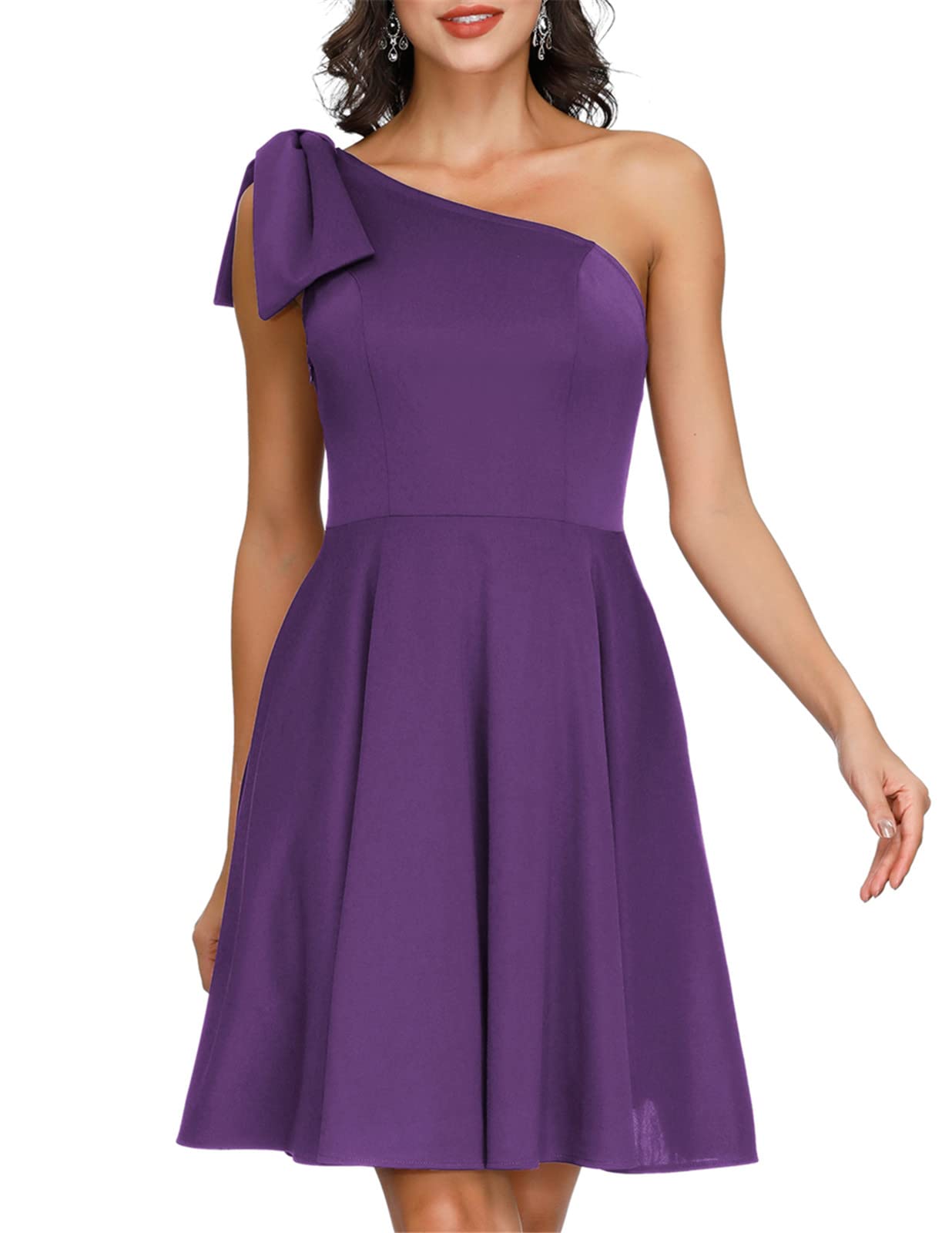 JASAMBAC Women's One Shoulder Bow Dress with Pockets - A-Line Cocktail Party Dress for Evening Events, Weddings & Date Nights