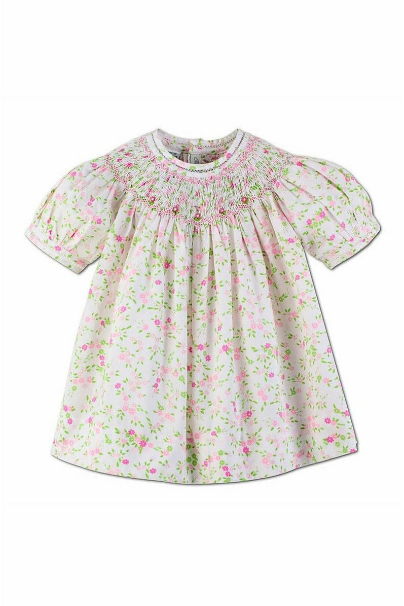 Baby Girl Hand Smocked Floral Bishop Dress - Elegant Church & Special Occasion Outfit for Infants & Toddlers