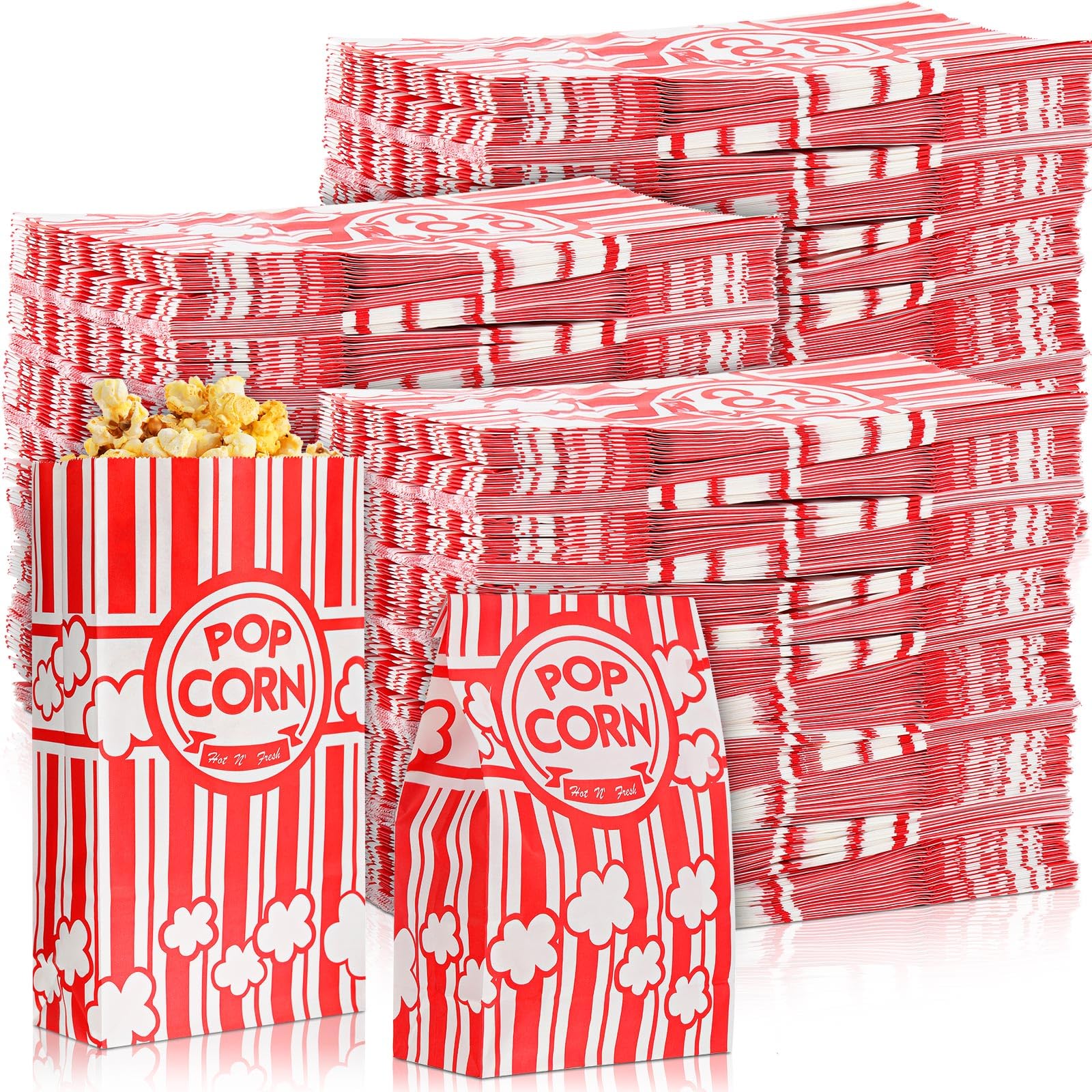 800 Pcs 2 oz Red & White Flat Bottom Popcorn Bags - Disposable Movie Theater Style Containers for Parties, Carnivals, Movie Nights & Retro Themed Events - Bulk Popcorn Boxes with Sleeves for Concessions & Home Theater Snacks