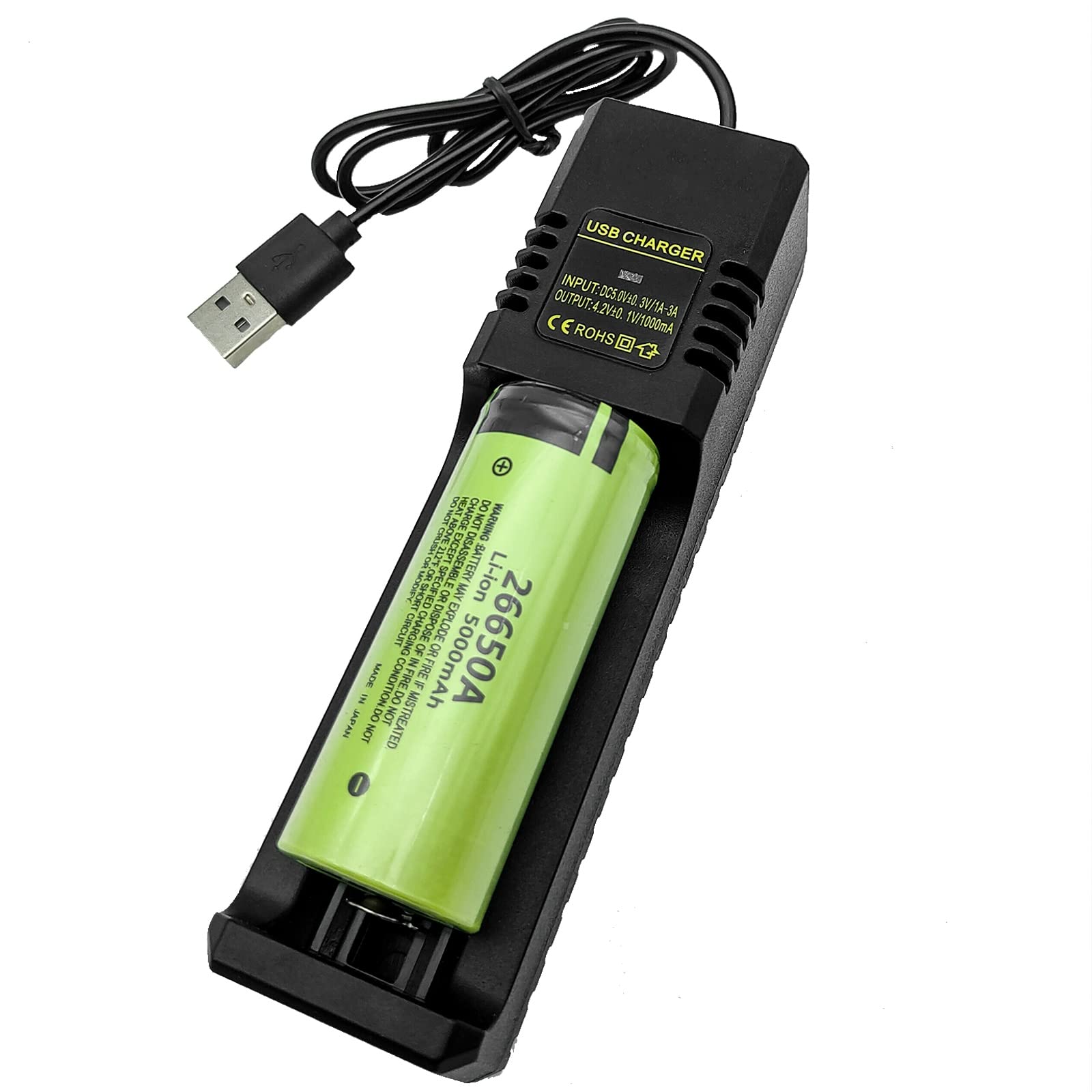 26650 Rechargeable Battery Charger - USB Single Slot Charger for 3.7V Lithium Batteries (21700, 26650, 10440, 14500, 18500, 16340, 18650) - Perfect for Flashlights, Vape Mods, and Electronic Devices