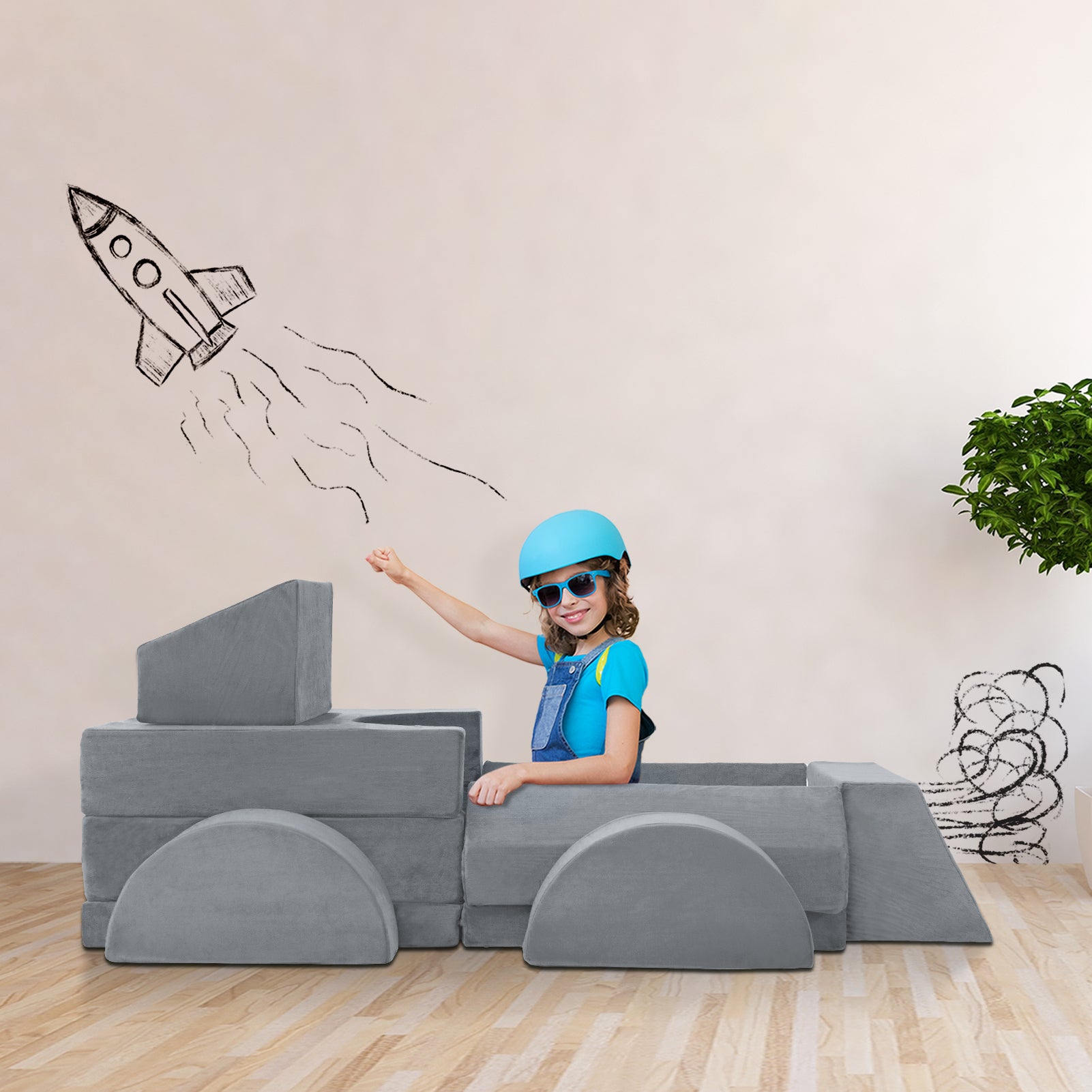 MAXYOYO 10-Piece Modular Convertible Kids Play Couch Sofa Set with Removable Soft Velvet Covers (Grey) - Perfect for Playrooms, Daycare Centers & Family Living Rooms