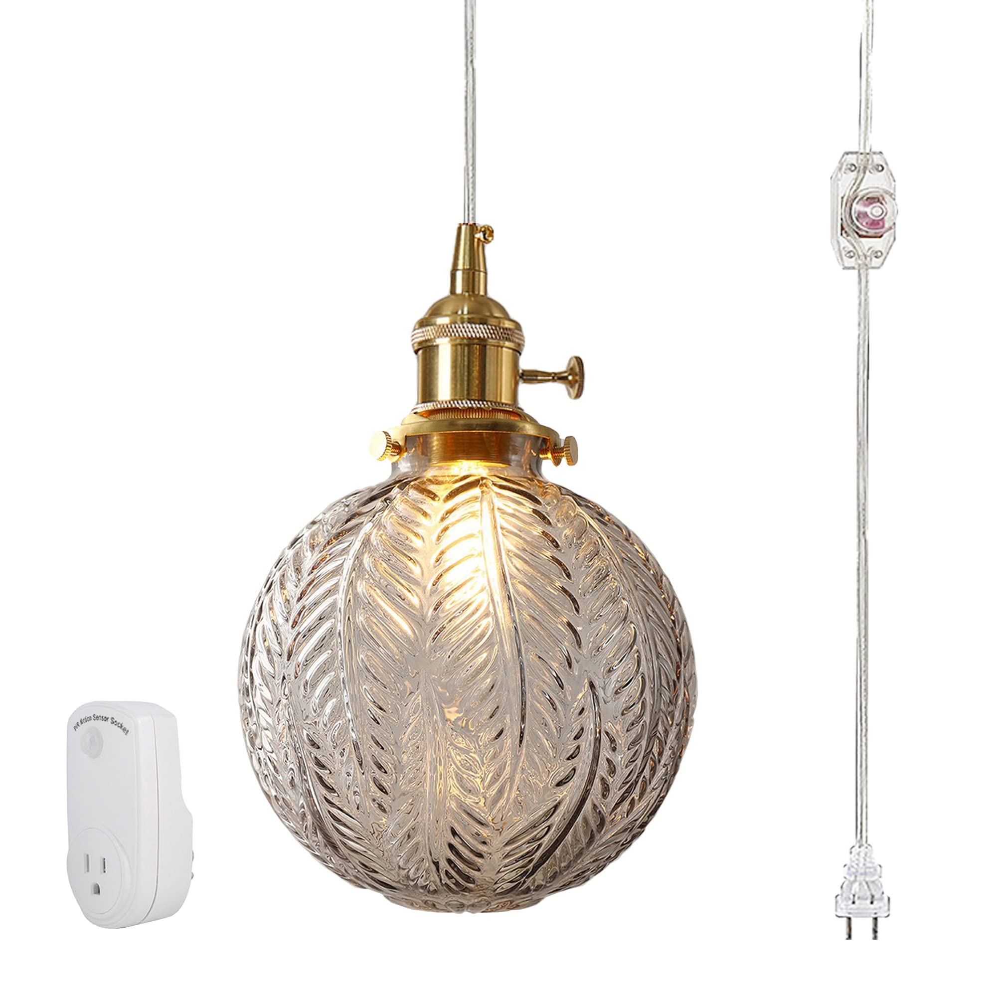 Plug-in Hanging Swag Lamp with 15ft Cord & Dimmer Switch - Smokey Grey Glass Globe Shade, Copper Holder, No Wiring Needed - Perfect for Kitchen Island, Dining Room, or Bedroom Lighting