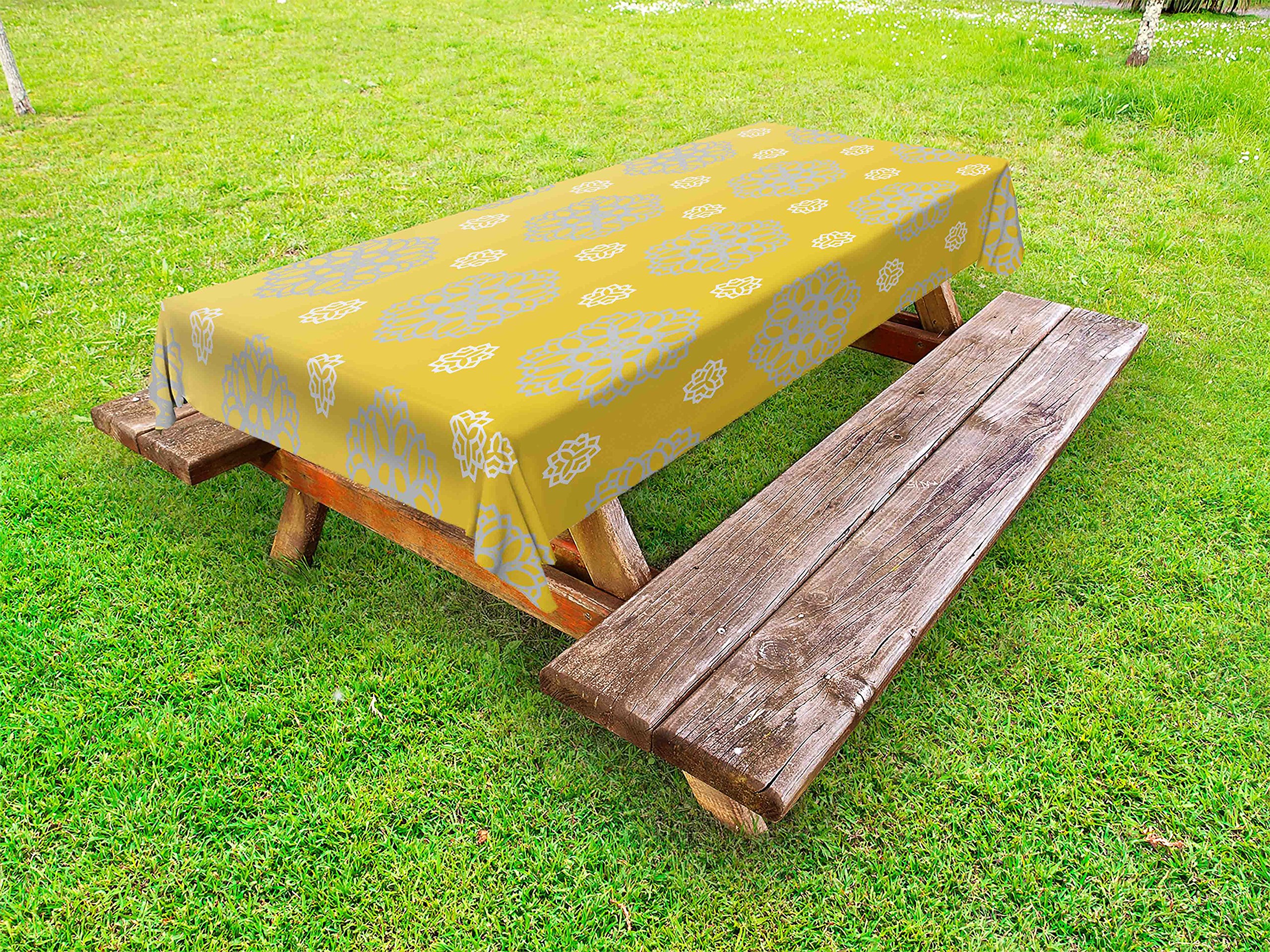 Ambesonne Vintage Bohemian Floral Tablecloth - 58x104 Inch Washable Outdoor Picnic Table Cover, Grey Yellow Marigold Blue White Retro Design - Perfect for Garden Parties, BBQs, and Picnics