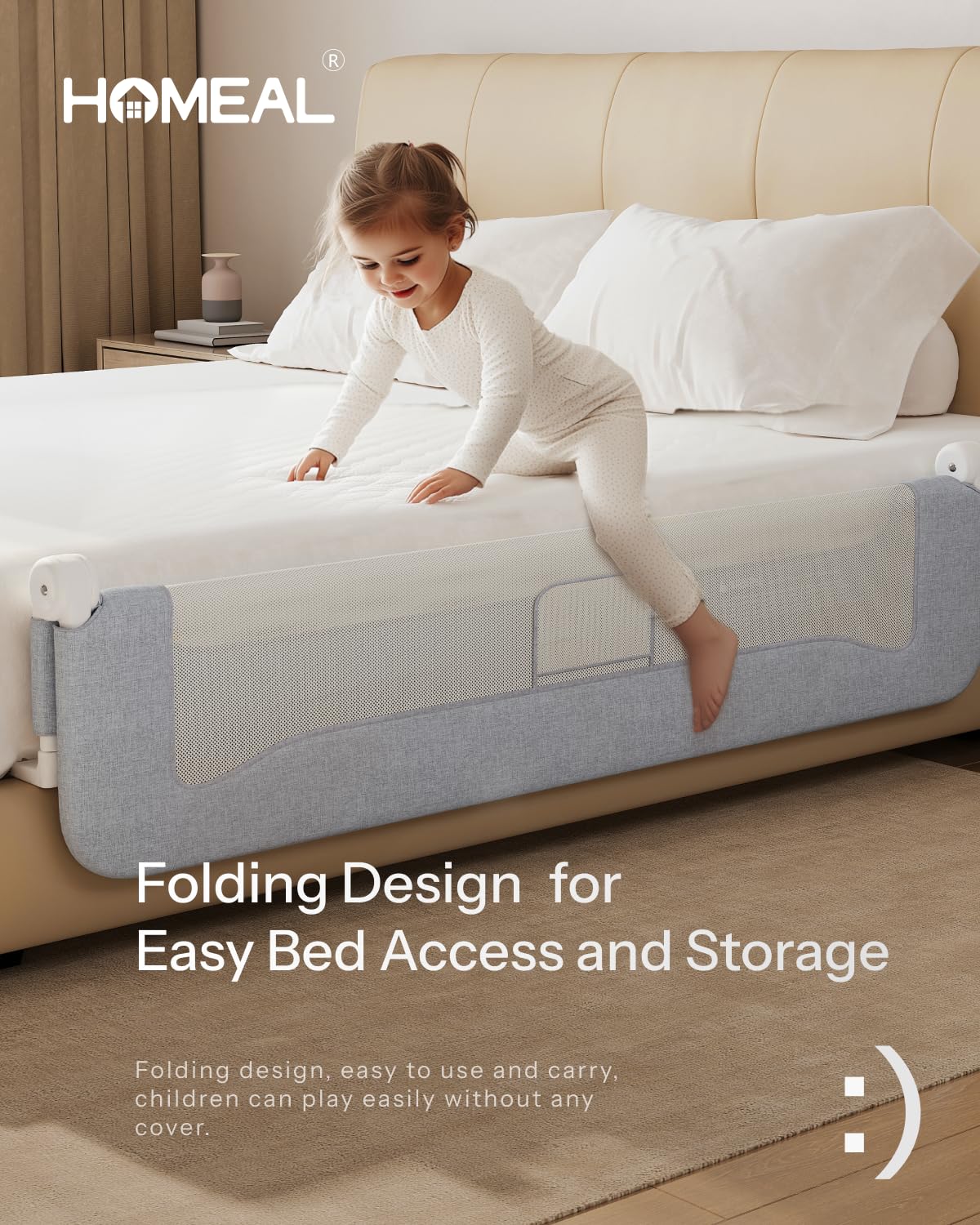 Foldable 32in Toddler Bed Rail with U-Shape Base - Safety Bed Guard for Twin, Full, Queen & King Size Beds - HOMEAL Baby Bed Rail for Toddlers (Grey) - Perfect for Nighttime Safety and Preventing Falls