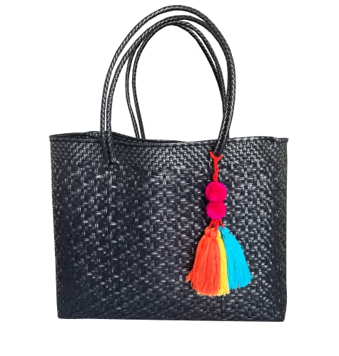 Eco-Friendly Handmade Woven Tote Bag - Large Recycled Plastic Beach Bag for Women, Stylish Market Shopping & Travel Carryall (Black) | Perfect for Groceries, Picnics & Summer Outings - BRISLA BAG