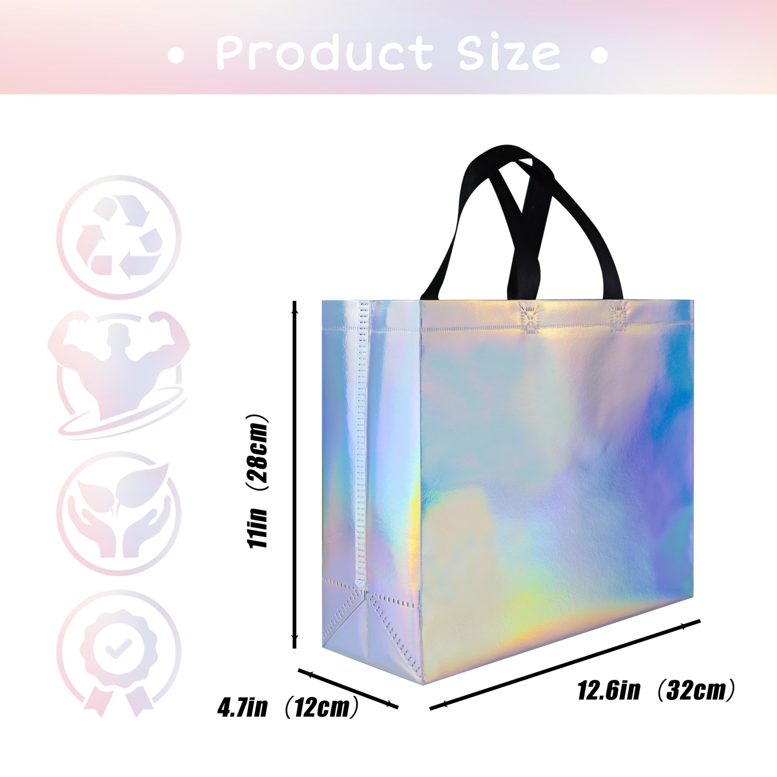 15 Pack Glossy Iridescent Reusable Gift Bags with Black Handles - 12.6x4.7x11 Inch Non-Woven Party Favor Bags with Sturdy Base - Perfect for Christmas, Birthday, Wedding, Easter & Holiday Celebrations - Great for Gift Wrapping, Party Favors & Special Occasions