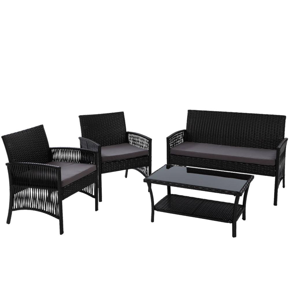 4-Piece Outdoor Wicker Sofa Set with Harp Chairs and Table - Black Patio Garden Furniture for Backyard, Poolside, and Terrace Relaxation