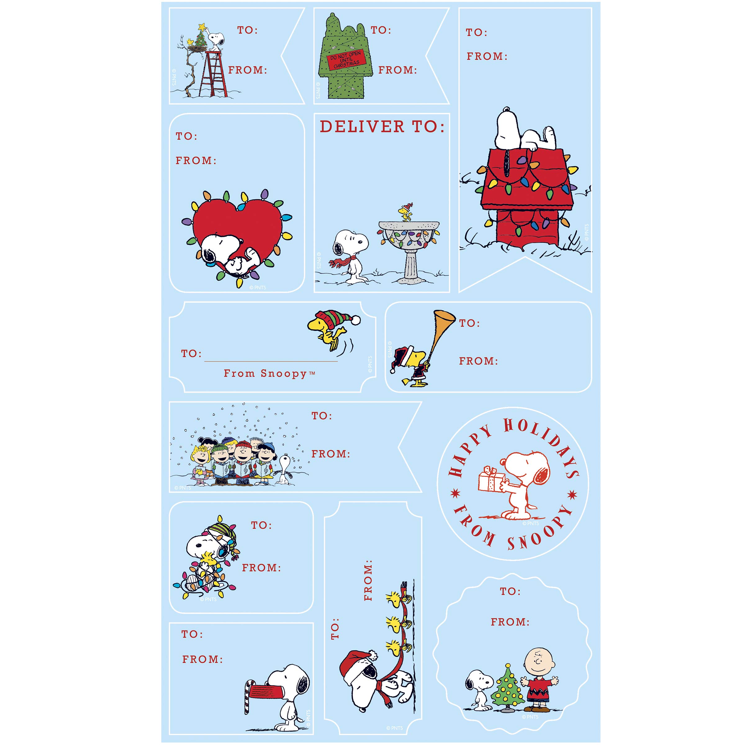 Peanuts™ Christmas Gift Labels - 52 Self-Adhesive Holiday Stickers with Red Foil Accents - 13 Festive Designs for Wrapping Paper & Gift Bags - Perfect for Holiday Gifts, Party Favors & DIY Crafts