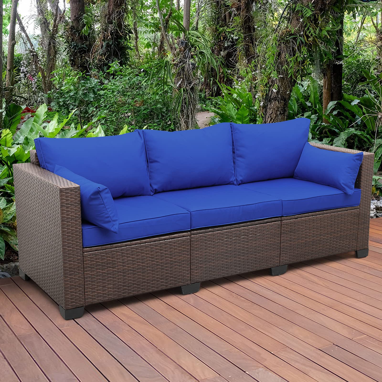 3-Seat PE Wicker Patio Sofa Set with Steel Frame - Outdoor Rattan Furniture with Deep Seat, High Back & Royal Blue Anti-Slip Cushions - Includes Waterproof Cover - Perfect for Garden, Poolside & Backyard Relaxation