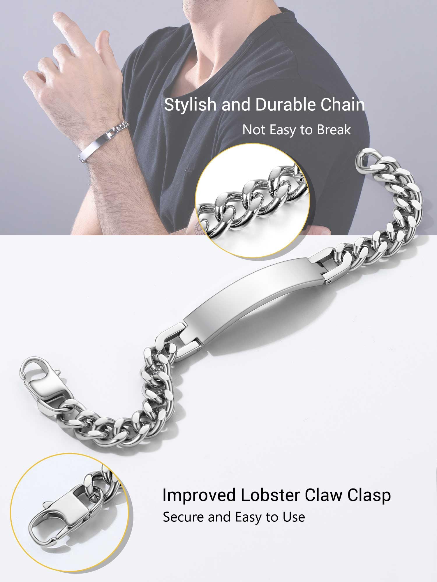 Custom Engraved Stainless Steel Bracelet for Men & Women - Personalized Name, Date, Initial, Quote ID Bracelet (7.5