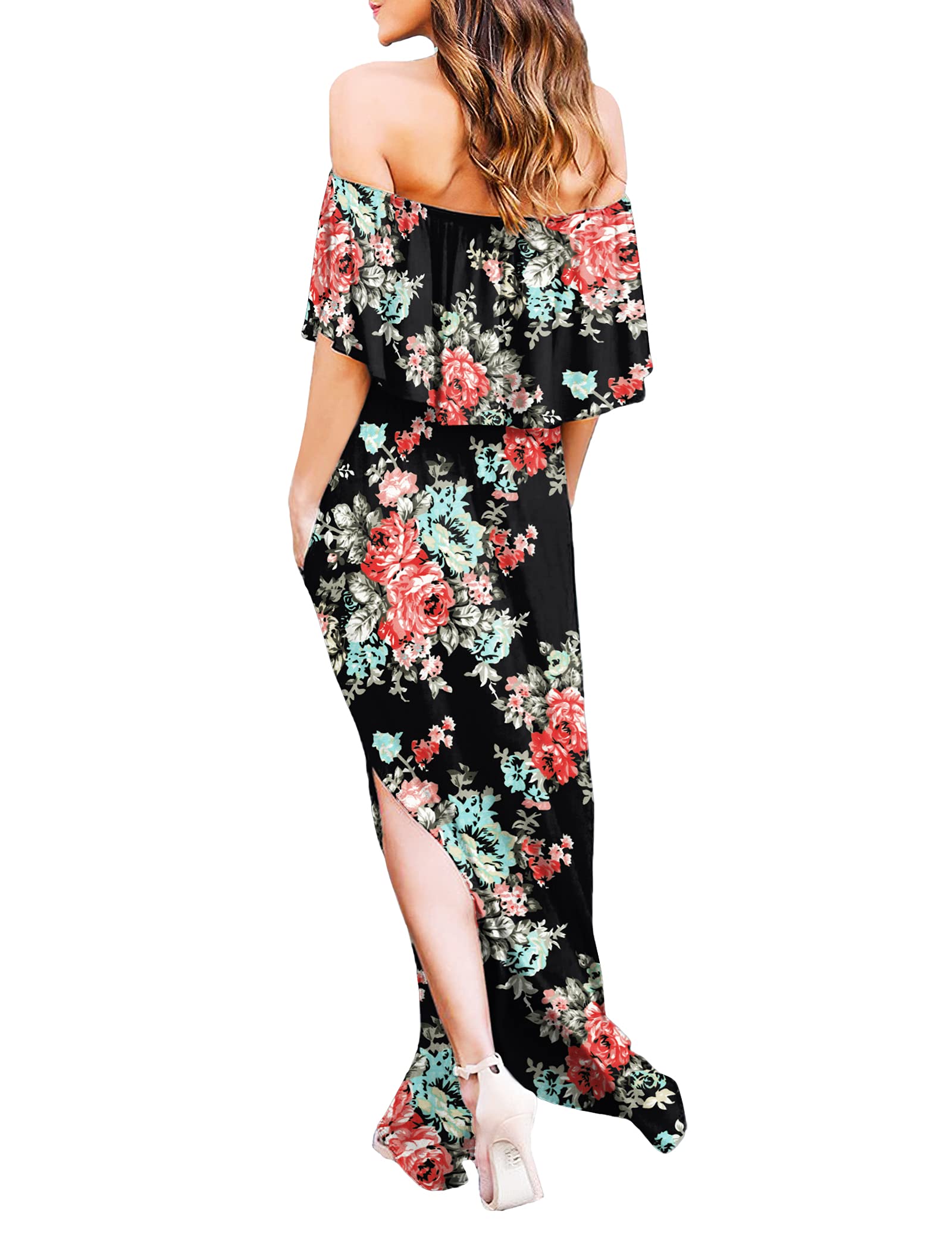Women's Off-The-Shoulder Ruffle Party Dress with Side Slit - Flowy Beach Maxi Dress for Summer Weddings, Vacations & Night Out