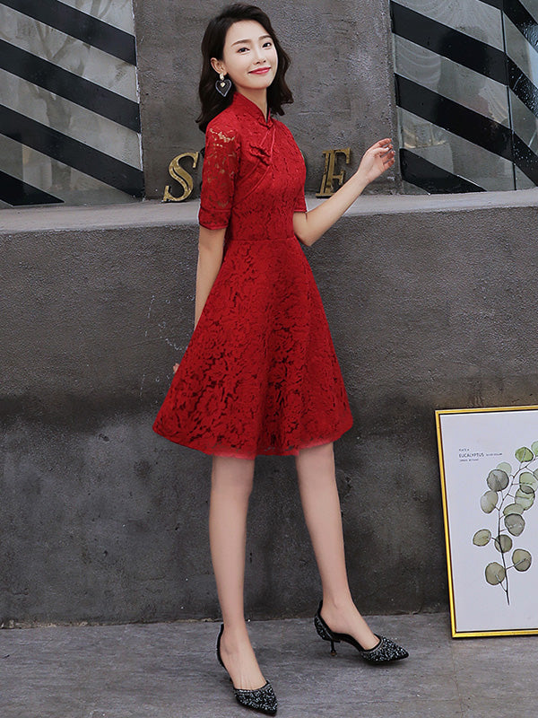 Elegant Wine Red A-Line Lace Short Qipao Cheongsam Dress for Women - Vintage Chinese Style Party & Wedding Cocktail Dress