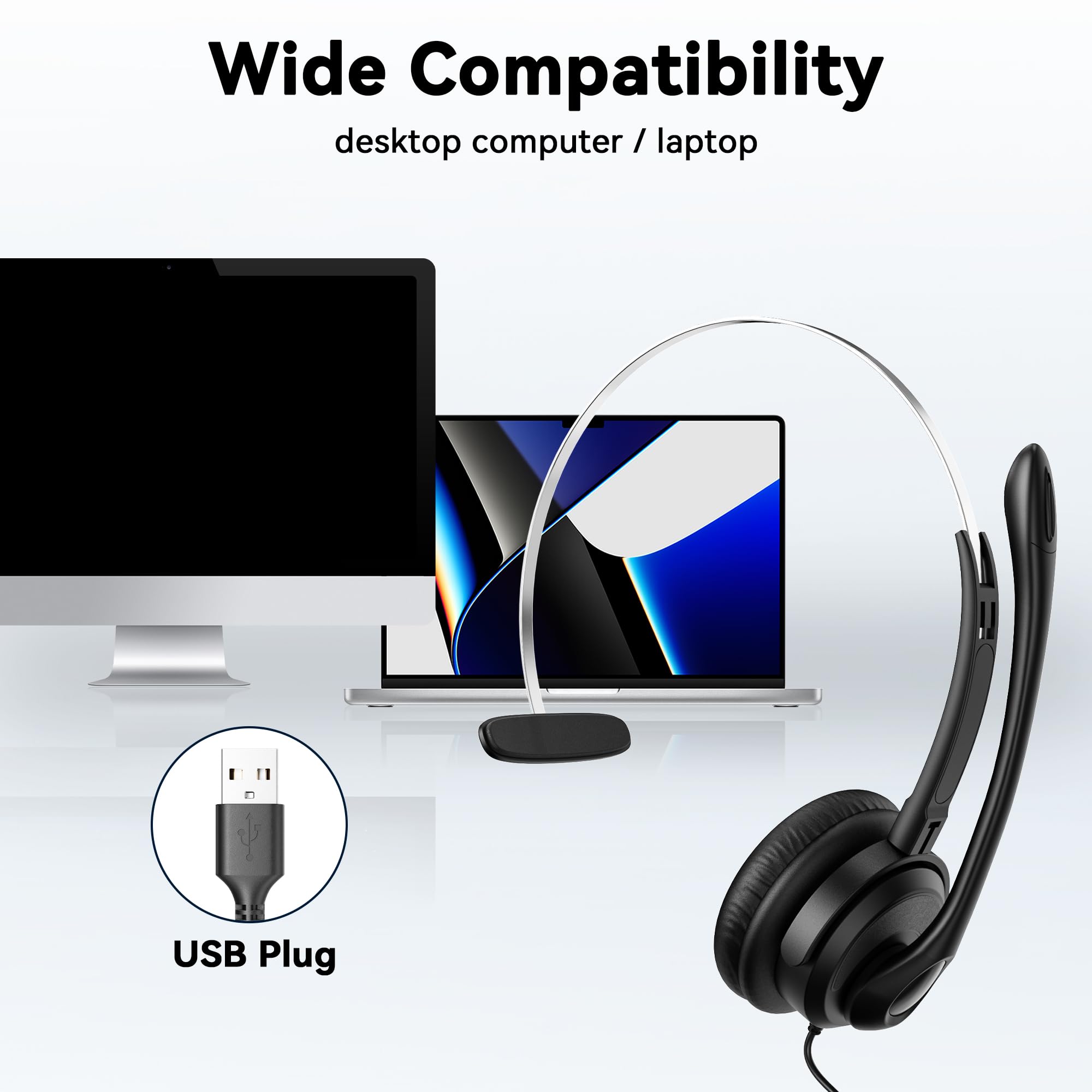 Noise Cancelling USB Headset with Microphone for PC & Laptop - Wired On-Ear Office Headphones with In-Line Volume Control - Ideal for Call Centers, Online Classes, Zoom Meetings, Skype Calls & Remote Work