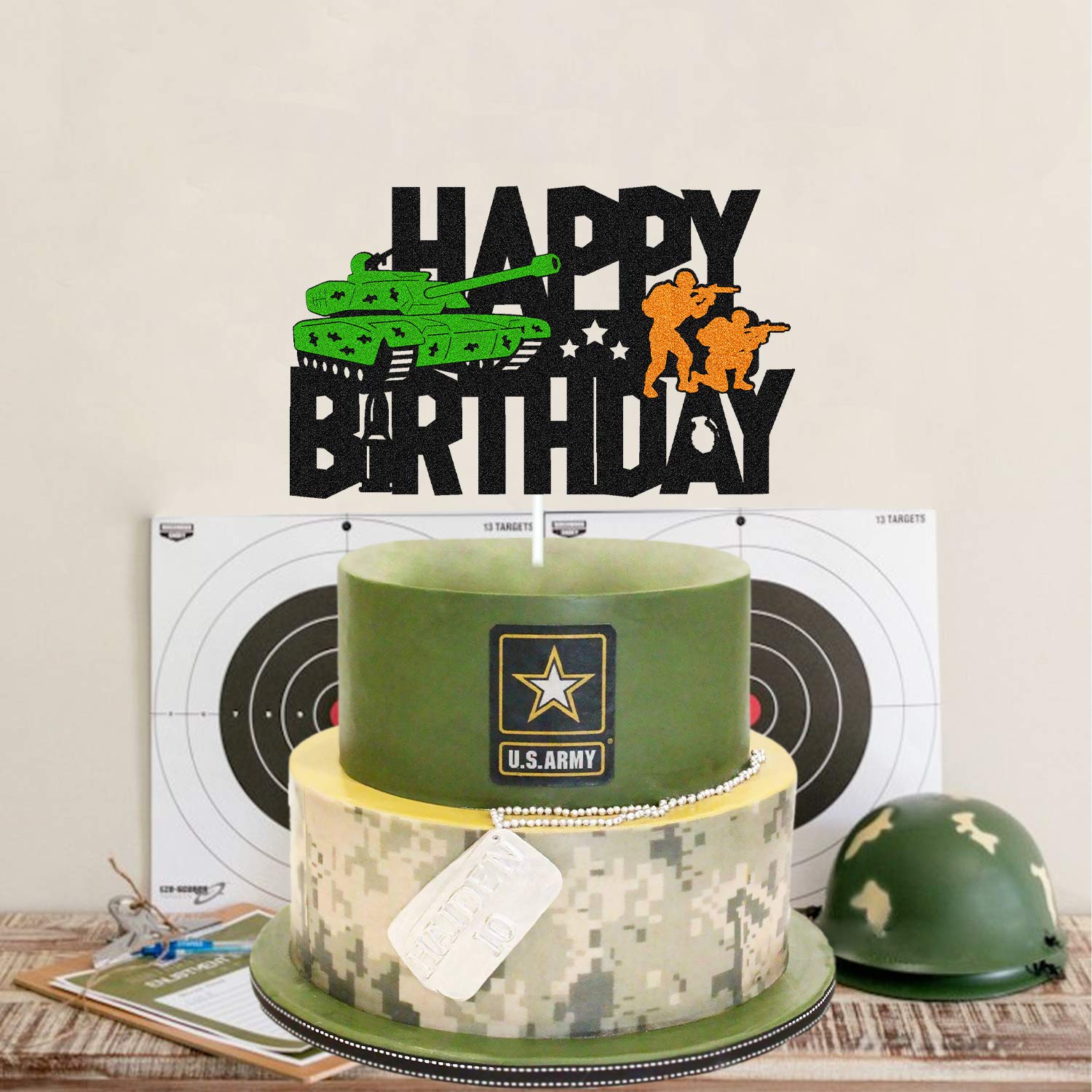 Army Camo Happy Birthday Cake Topper - Double Sided Black Sparkle Tank Decor for Kids, Boys & Girls | Military Soldier Themed Birthday Party Supplies | Perfect for Camouflage Army Themed Celebrations & Cake Decorations