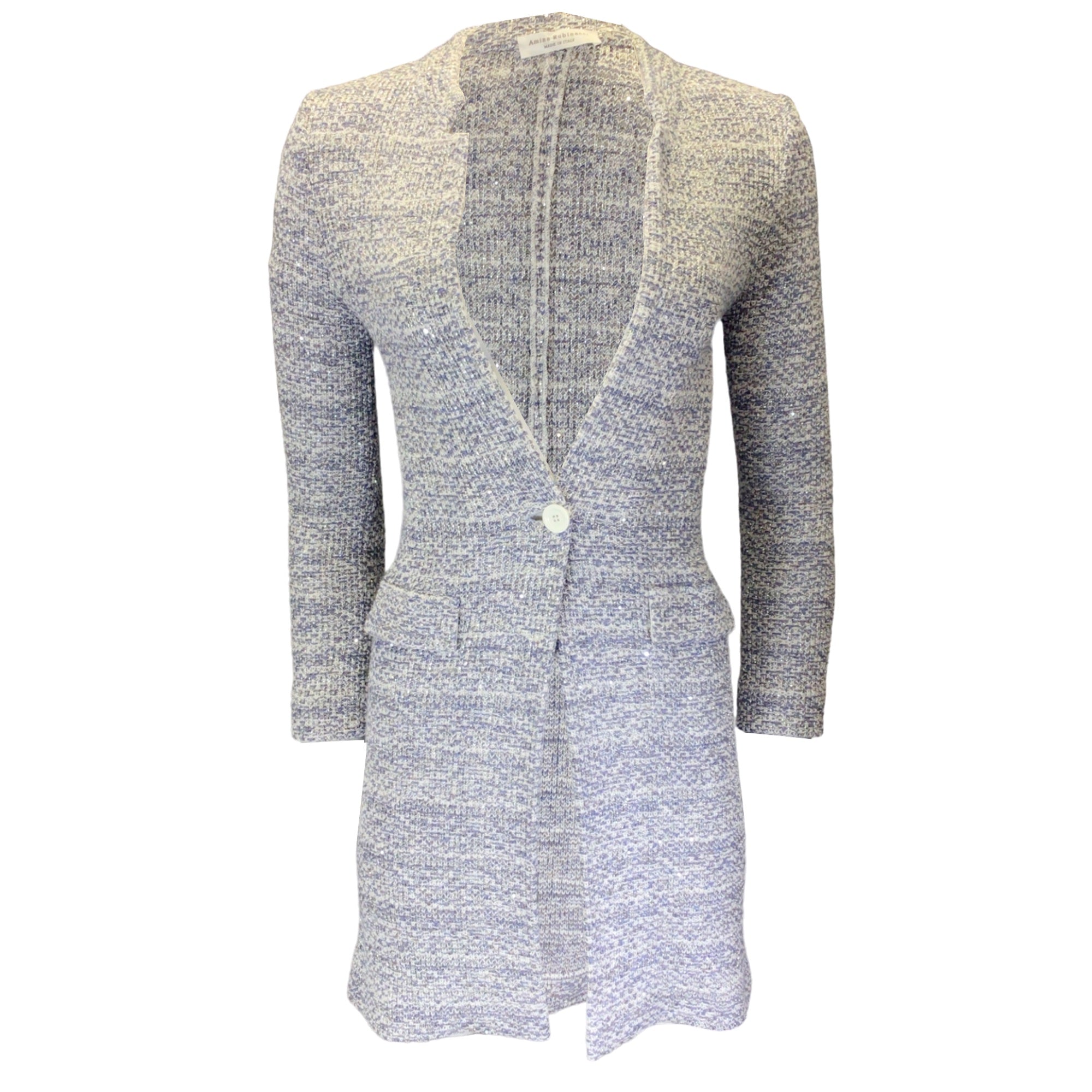 Amina Rubinacci Blue White Silver Metallic Knit Long Cardigan Sweater for Women | Elegant Open Front Cover-Up for Fall Winter Fashion | Perfect for Office, Date Night & Casual Outings