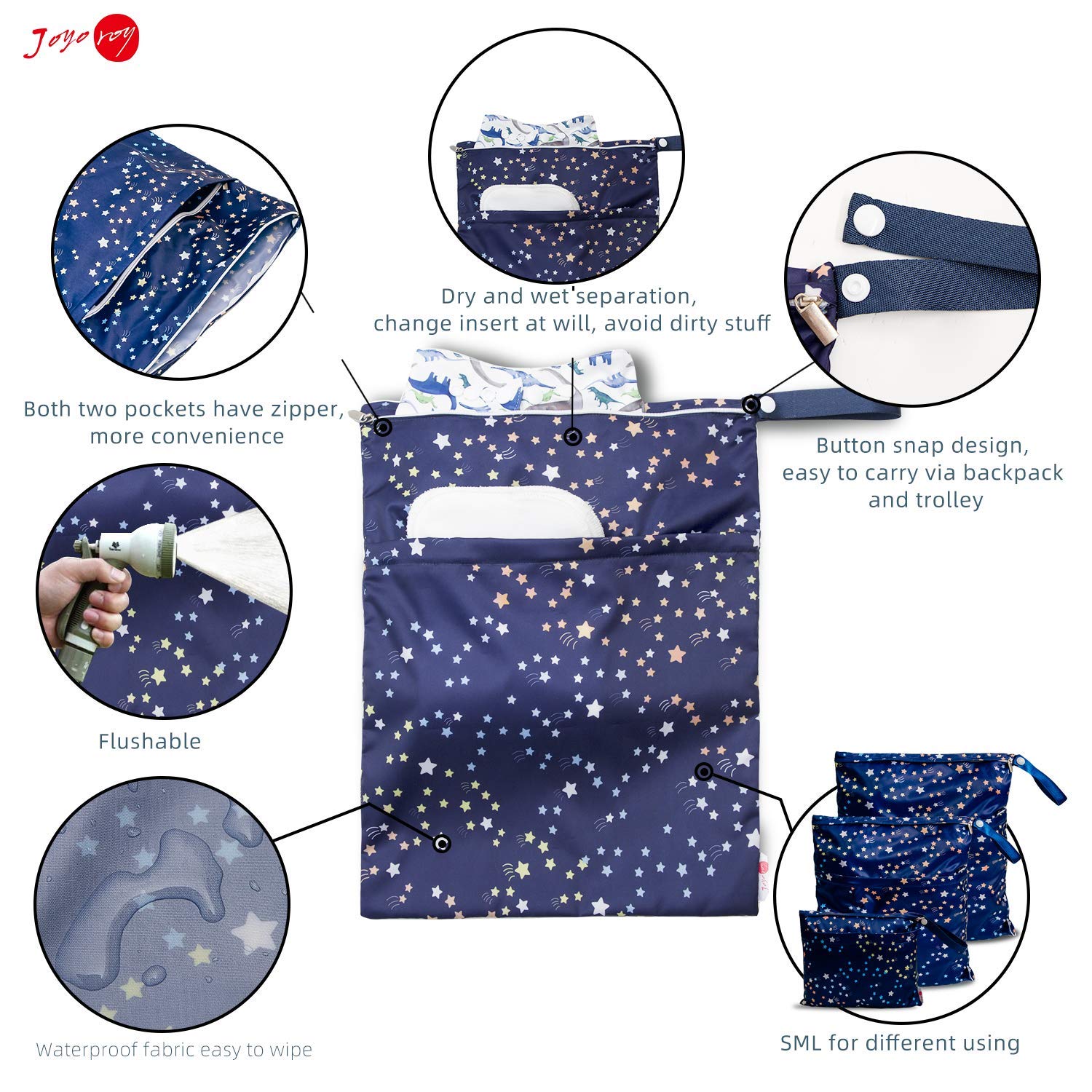 Joyo Roy Baby Diaper Bags - Waterproof Wet Dry Bags for Cloth Diapers, Breast Pump Parts & Swimsuits - Large Capacity Organizer for Travel, Daycare & Beach Outings