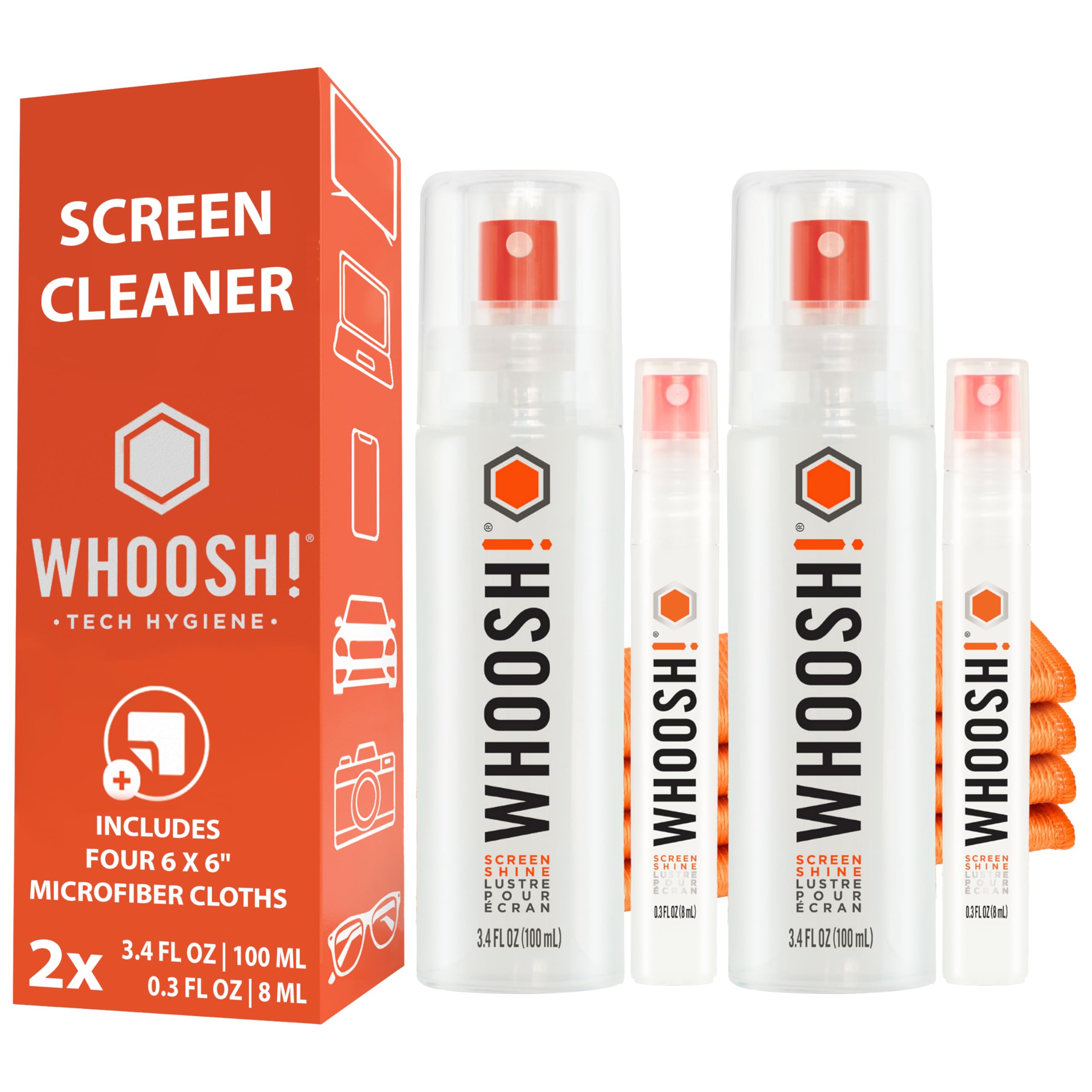 WHOOSH! Screen Cleaner Kit - 2 Pack (3.4oz + 0.3oz) with Microfiber Cloths for Laptop, Phone, Glasses & Car Screens | Travel & Home Use | Safe for LCD, LED & Touchscreen Devices