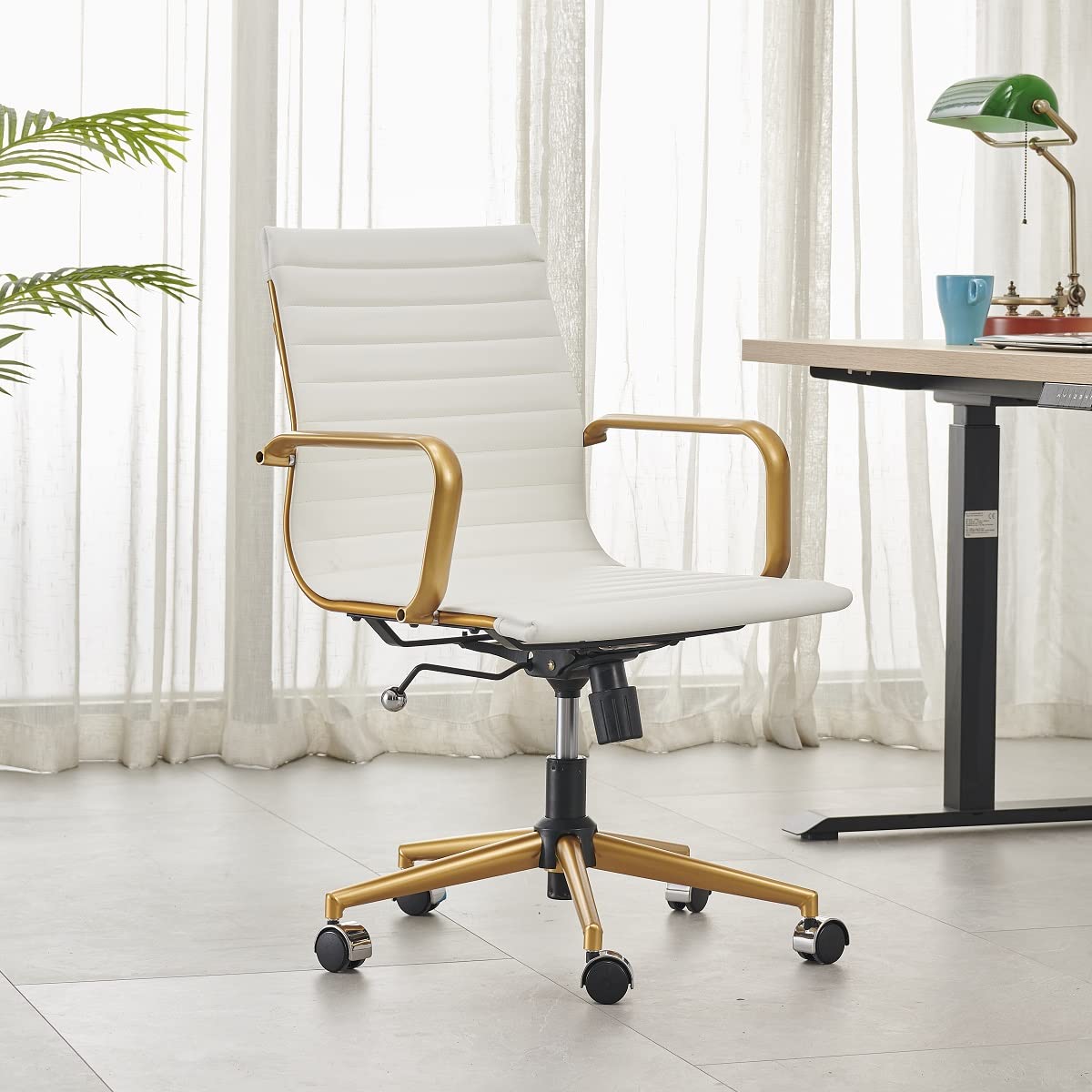 White Gold Ergonomic Office Chair - Modern Adjustable Desk Chair with Lumbar Support for Home & Office Workspace (3011 Gold White) - Perfect for Long Hours of Work, Gaming & Study