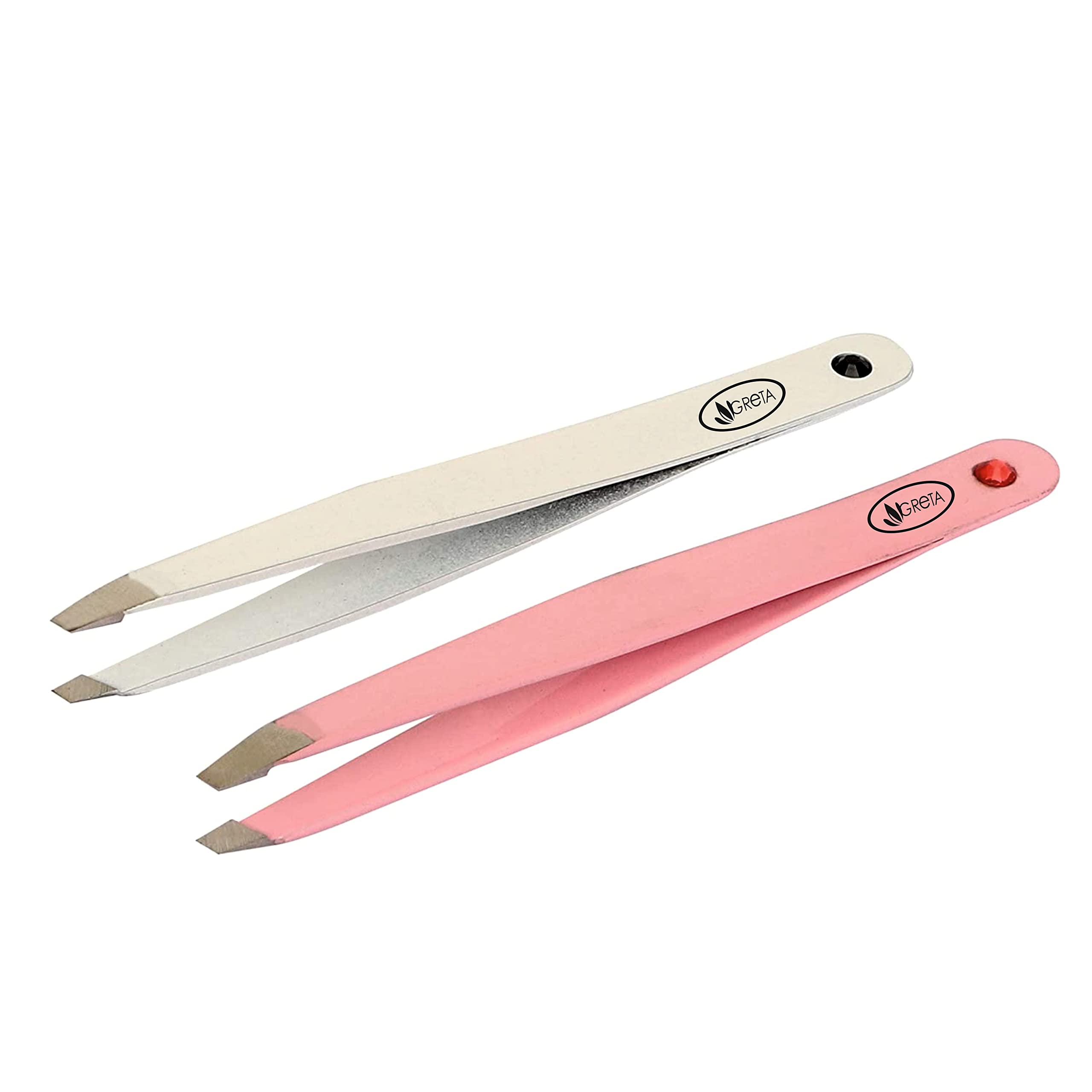 GRETA White & Pink Precision Tweezers Set - Eyebrow Tweezers, Ingrown Hair Remover, Facial Hair Plucker - 2-Piece Beauty Tool Kit with Travel Case (Pink & White) - Perfect for Travel, Home & Salon Use