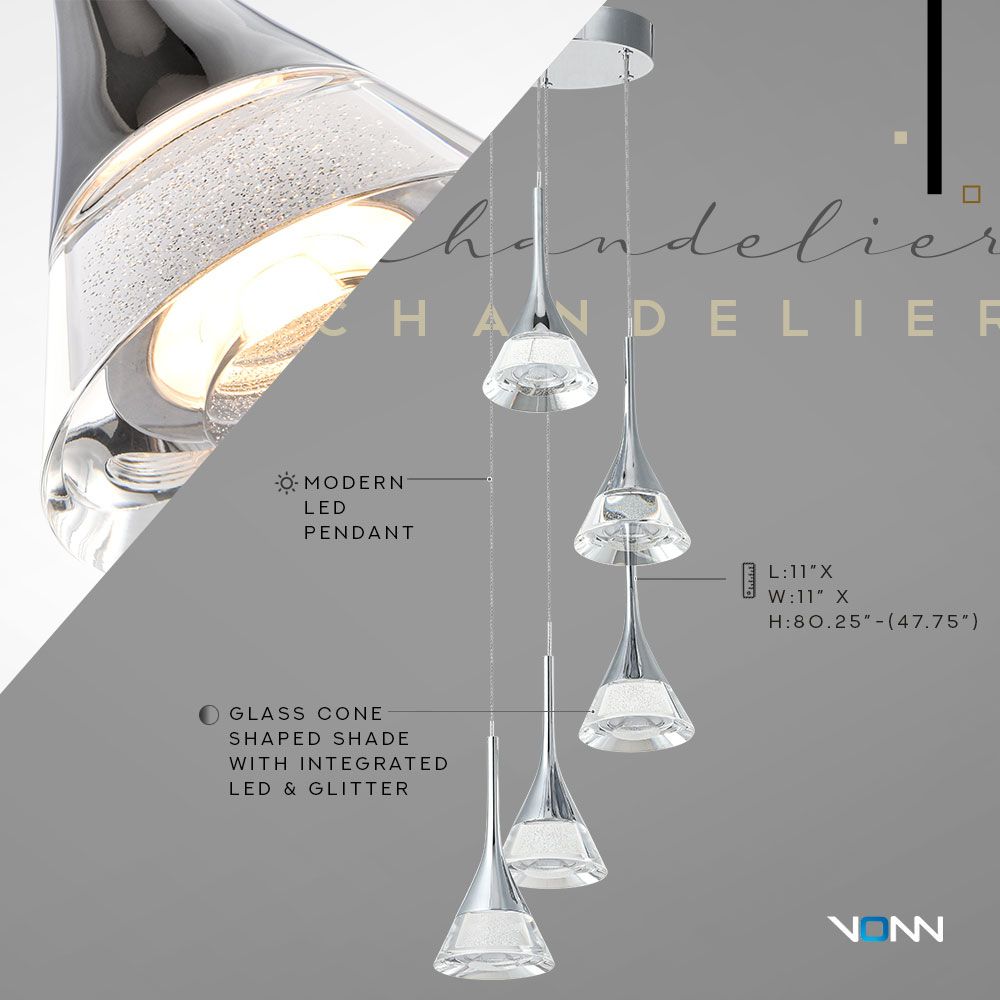 VONN Amalfi 5-Light LED Chandelier with Cone Shades in Polished Chrome - Modern Ceiling Light Fixture for Dining Room, Living Room, or Bedroom Lighting