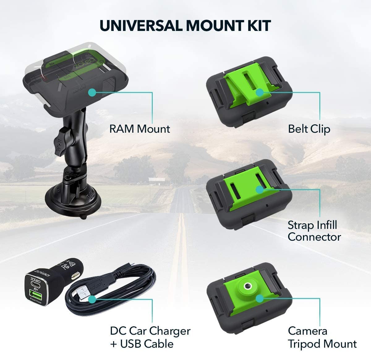 ZOLEO Universal Mount Accessory Kit with RAM Twist-Lock Suction Cup, DC Car Charger, USB Cable & 3 Inserts - Belt Clip, Strap Connector, Tripod Mount | Perfect for Outdoor Adventures, Road Trips & Action Cameras