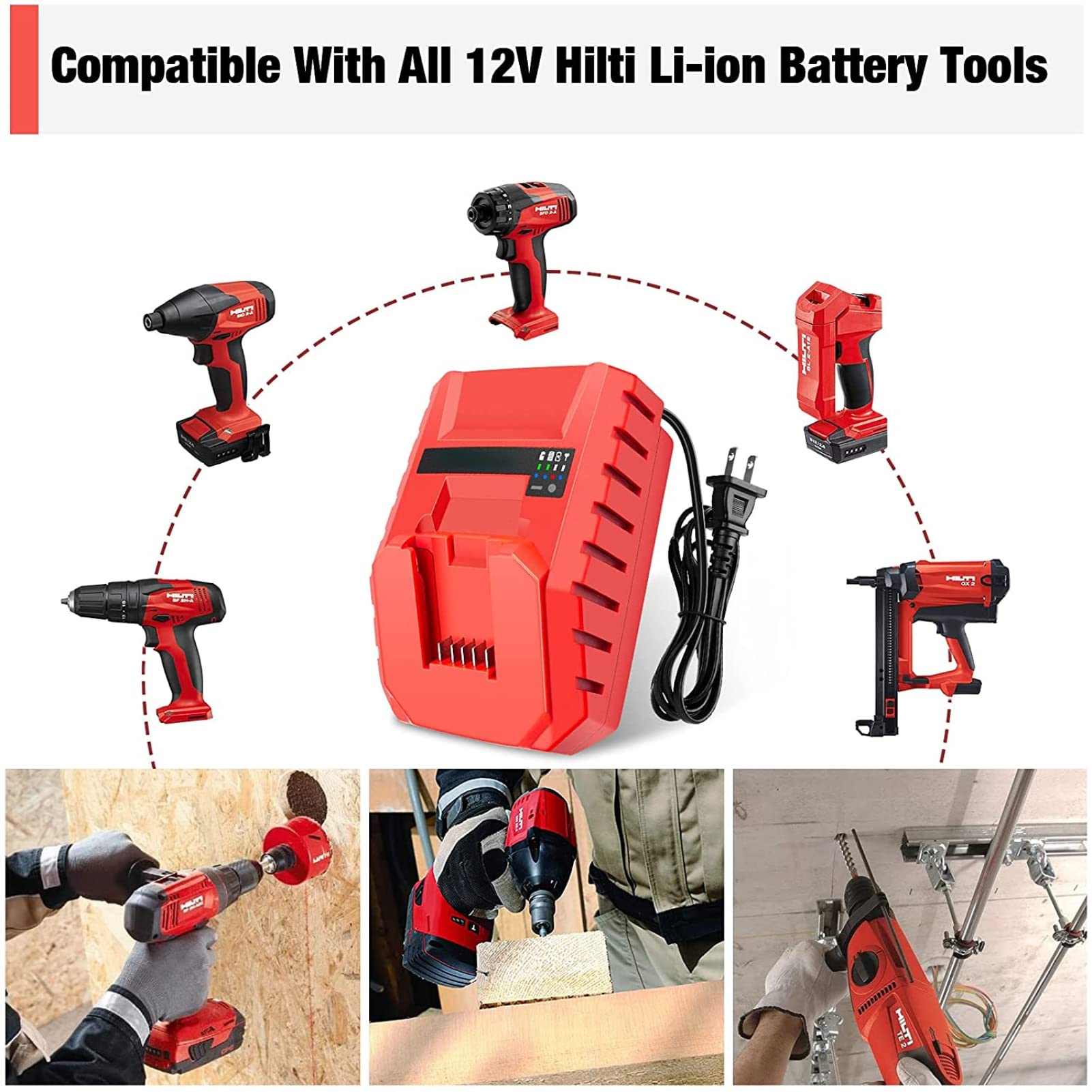 Hilti 12V C4/12-50 Battery Charger Replacement - 100-240V Fast Charging Tool for Cordless Drills & Power Tools | US Standard Compliant | Perfect for Construction Sites & DIY Projects