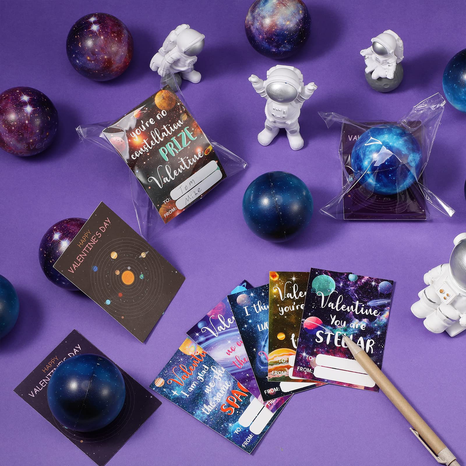 36 Pack Galaxy Stress Balls with Valentine's Day Cards - Space Themed Classroom Exchange Gifts for Kids, Teachers & Coworkers - Perfect for Valentine's Parties, School Events & Office Celebrations