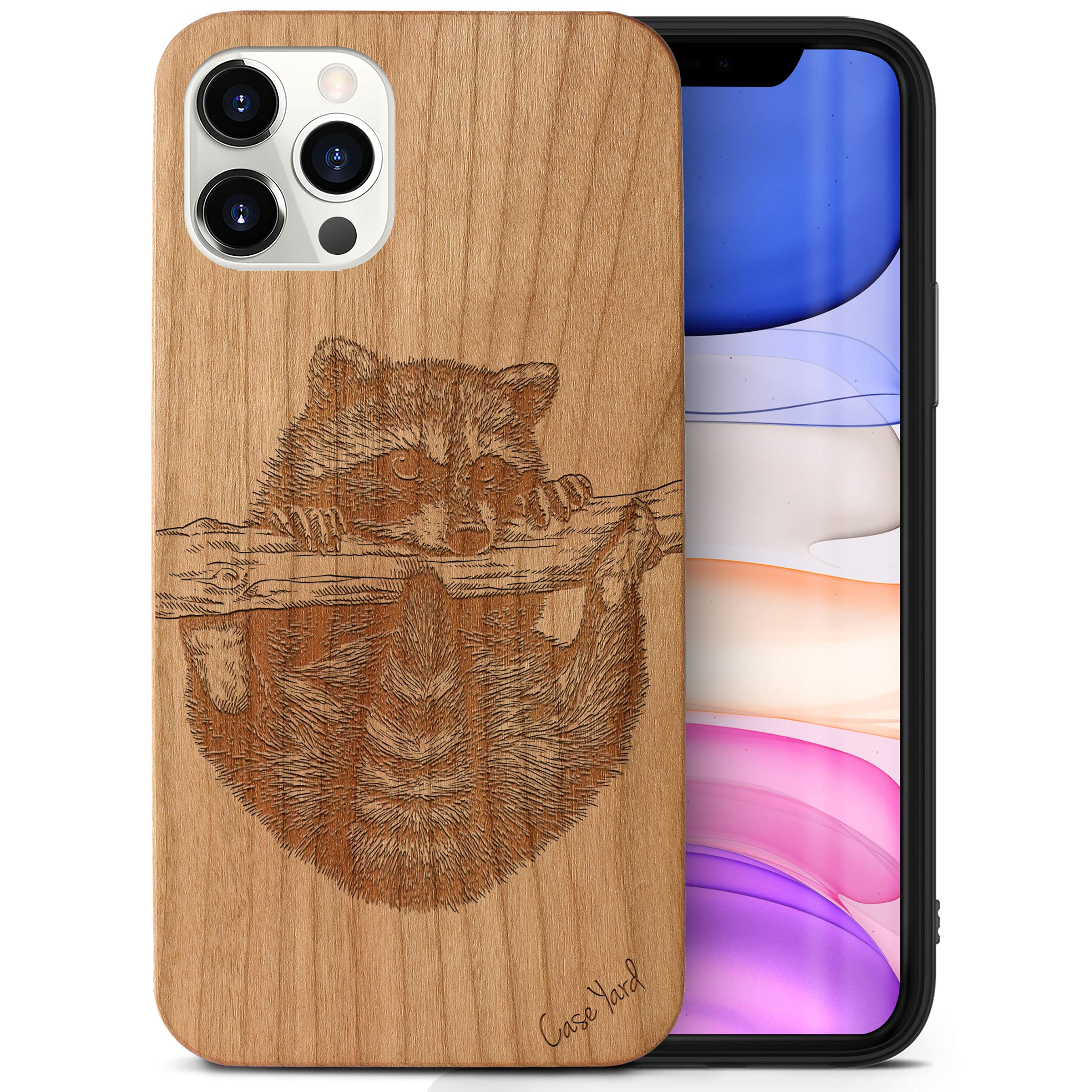 Wooden Phone Case for iPhone 11 Pro - Laser Engraved Raccoon Design Cherry Wood Cover | Slim Fit Shockproof Protective Case for Men & Women | Perfect for Outdoor Adventures, Travel & Daily Use