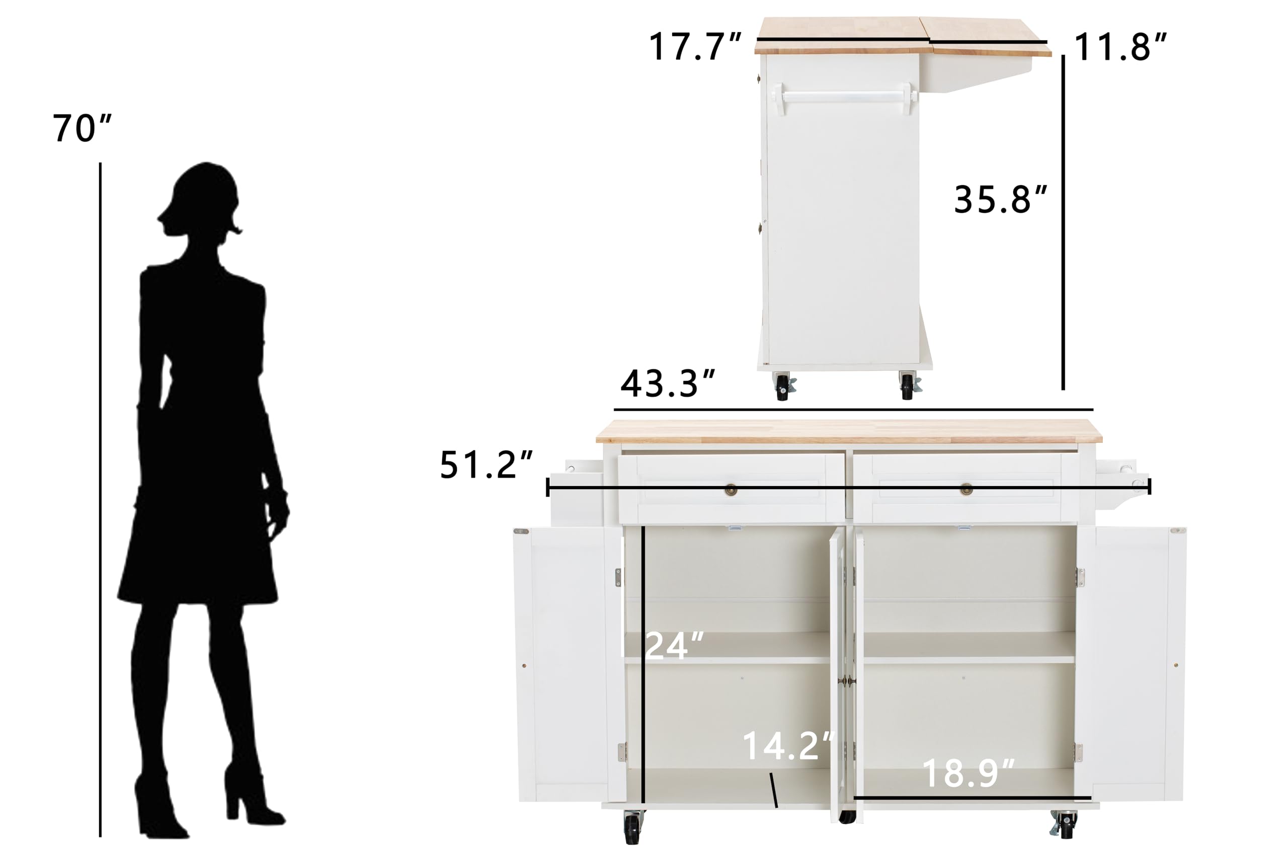 White Rolling Kitchen Island with Drop Leaf - Mobile Kitchen Cart with Storage, Towel Rack & Drawers - Perfect for Small Kitchens, Dining Rooms & Food Prep Areas