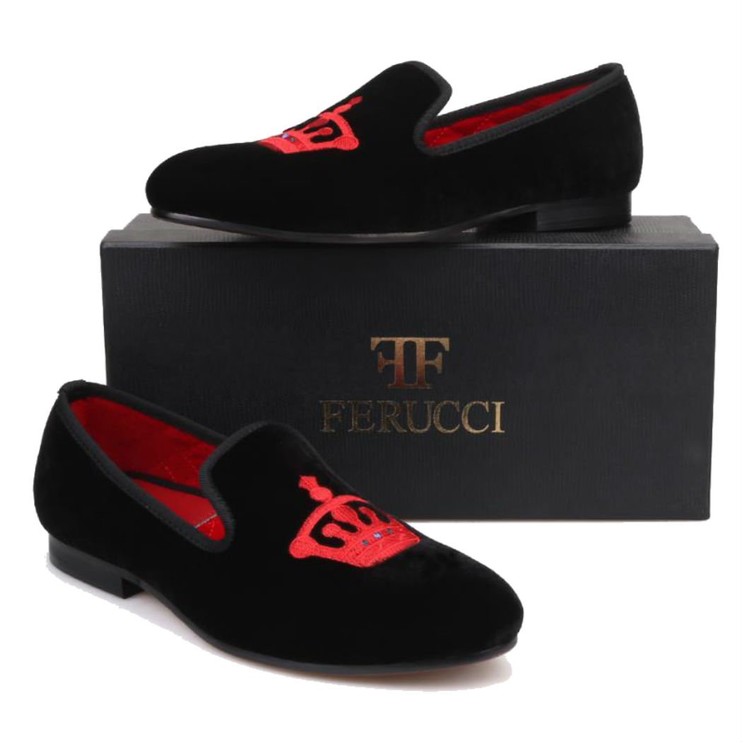 FERUCCI Handmade Men's Black Velvet Slippers - Premium Loafers with Red Crown Design | Comfortable House Shoes for Indoor & Outdoor Wear | Perfect Gift for Fathers Day, Christmas & Special Occasions