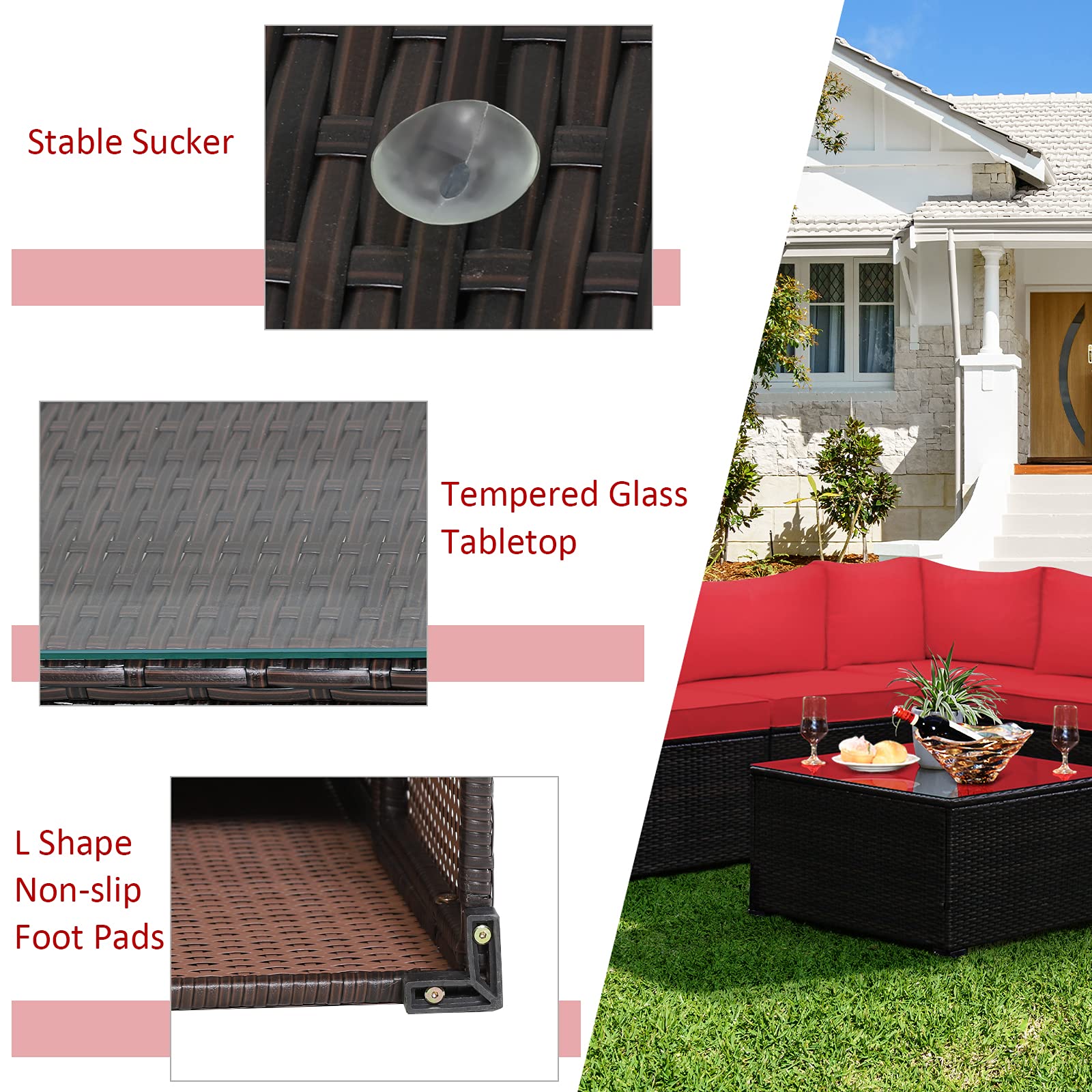 Tangkula 6-Piece Outdoor Patio Furniture Set - Rattan Wicker Sofa Sectional with Tempered Glass Coffee Table & Cushions - Red Conversation Set for Backyard, Garden, Balcony, Poolside - Perfect for Relaxing, Entertaining & Outdoor Gatherings