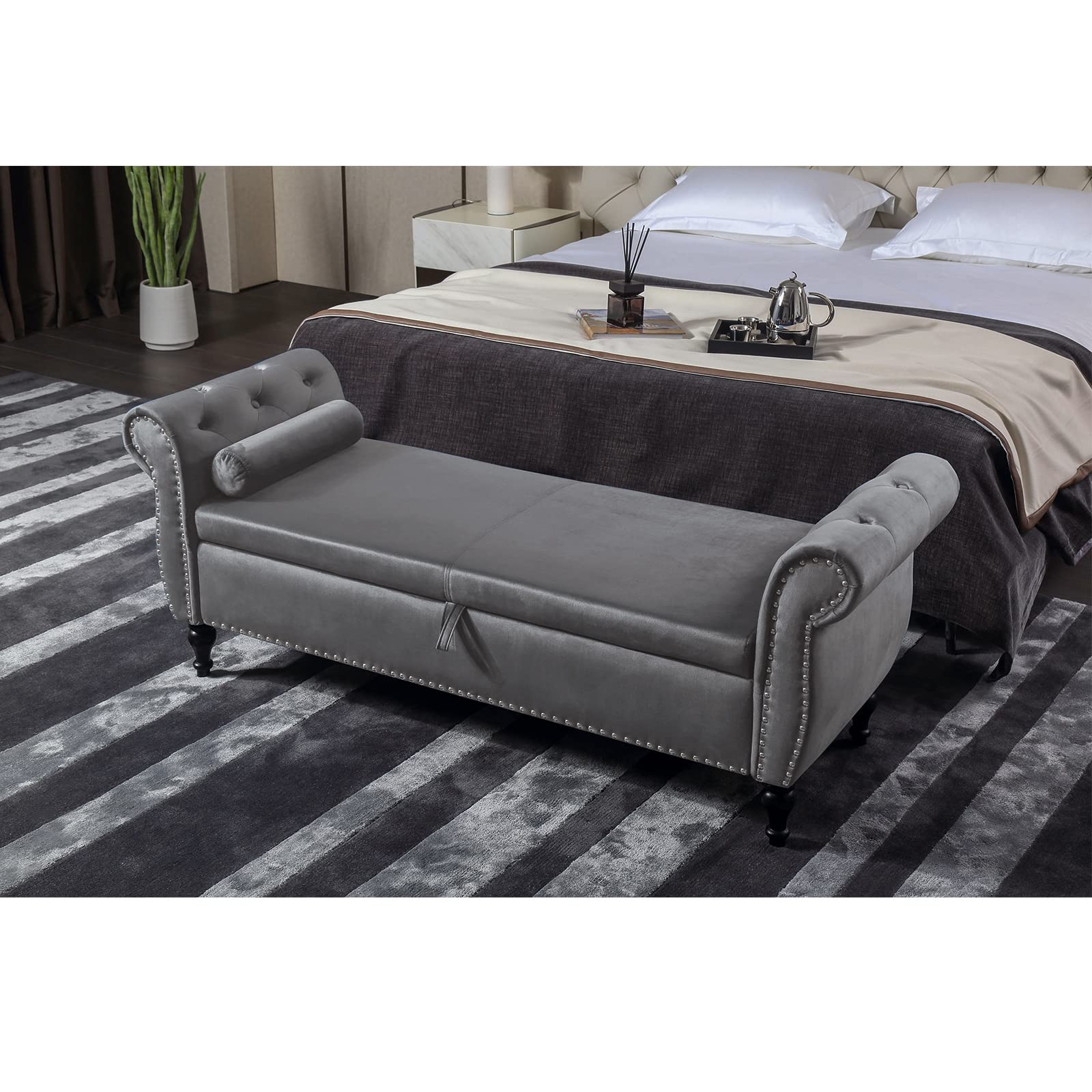 Velvet Storage Ottoman Bench - Mid Century Tufted Upholstered Bench with Hidden Storage & Toss Pillow | Small Foot of Bed Bench for Bedroom, Entryway, Hallway & Living Room | Perfect for Extra Seating & Home Organization (Gray)