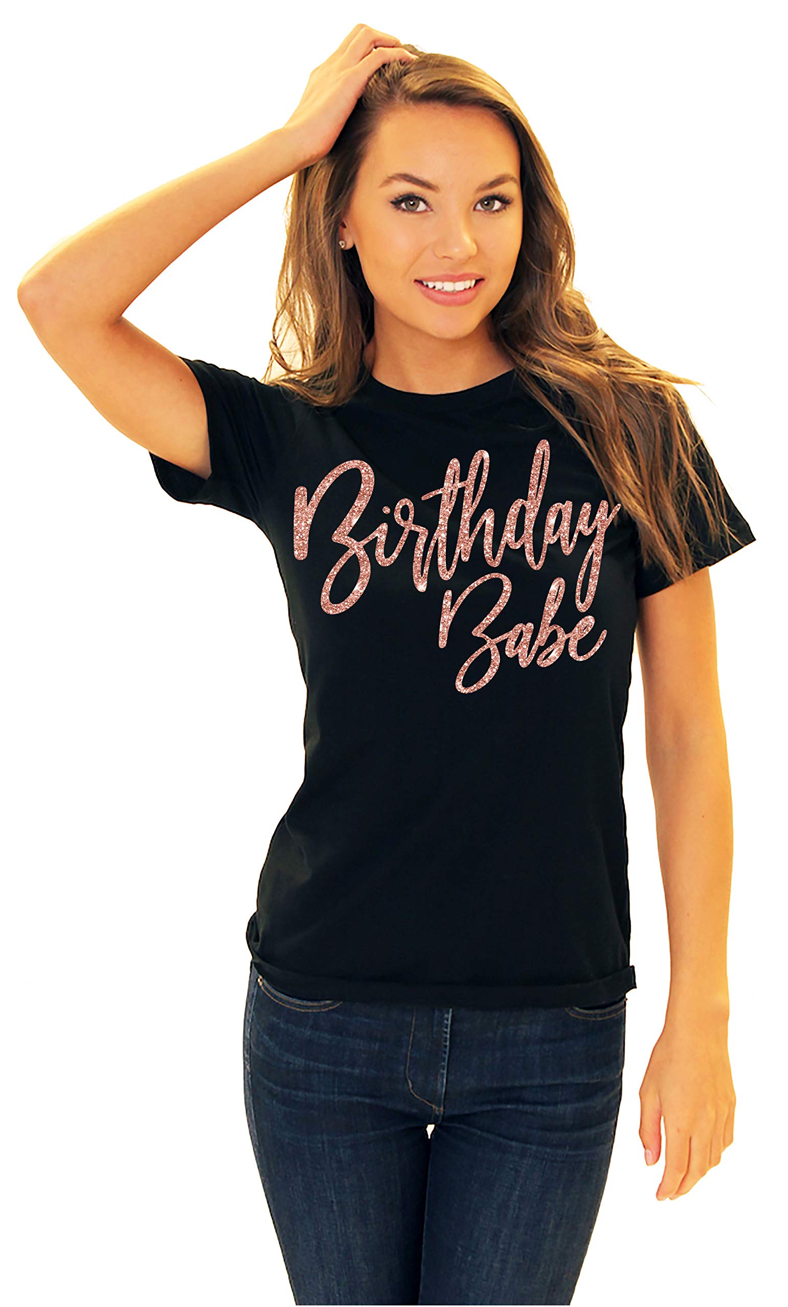 Women's Birthday Squad Rose Gold Glam T-Shirt - Black Party Tee for Women - Small Size - Perfect for Girls' Night Out, Bachelorette Parties & Birthday Celebrations