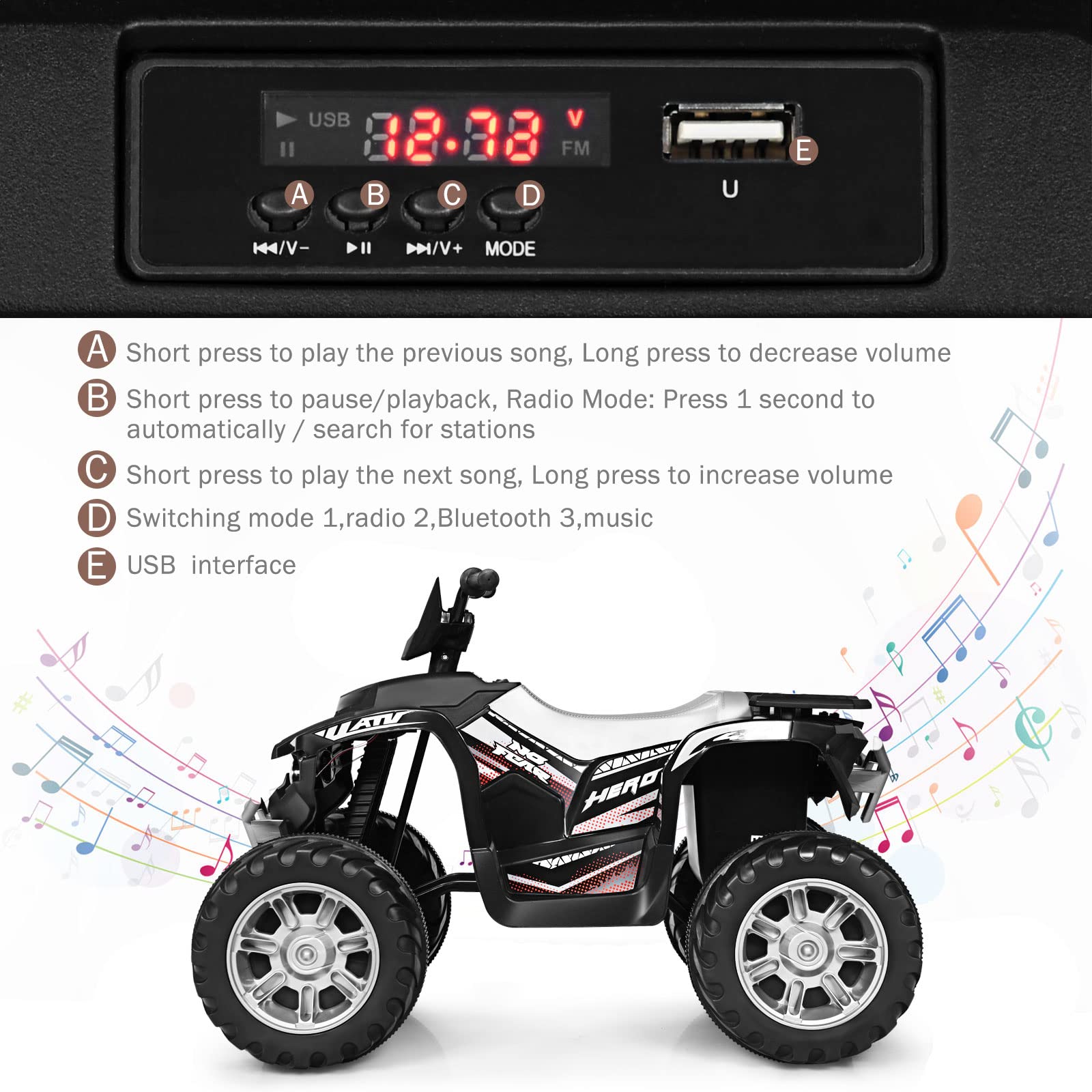 OLAKIDS 12V Kids Electric ATV Ride-On Toy Car - 4 Wheeler Battery Powered Motorized Quad for Boys & Girls with LED Lights, Music, Horn & Dual Speed - Perfect for Indoor & Outdoor Play (Black)